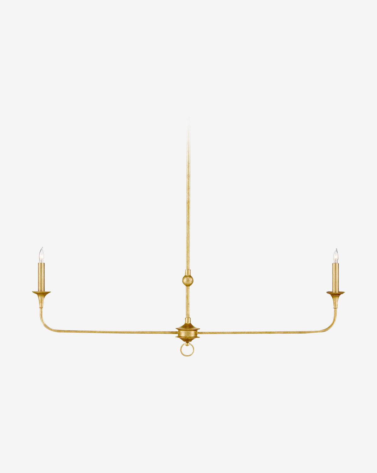 The Nottaway Linear Chandelier by Currey & Co. features two candle-style bulbs on either end of a horizontal bar, suspended from a central rod for an elegant and minimalist modern chandelier look. McGee & Co.