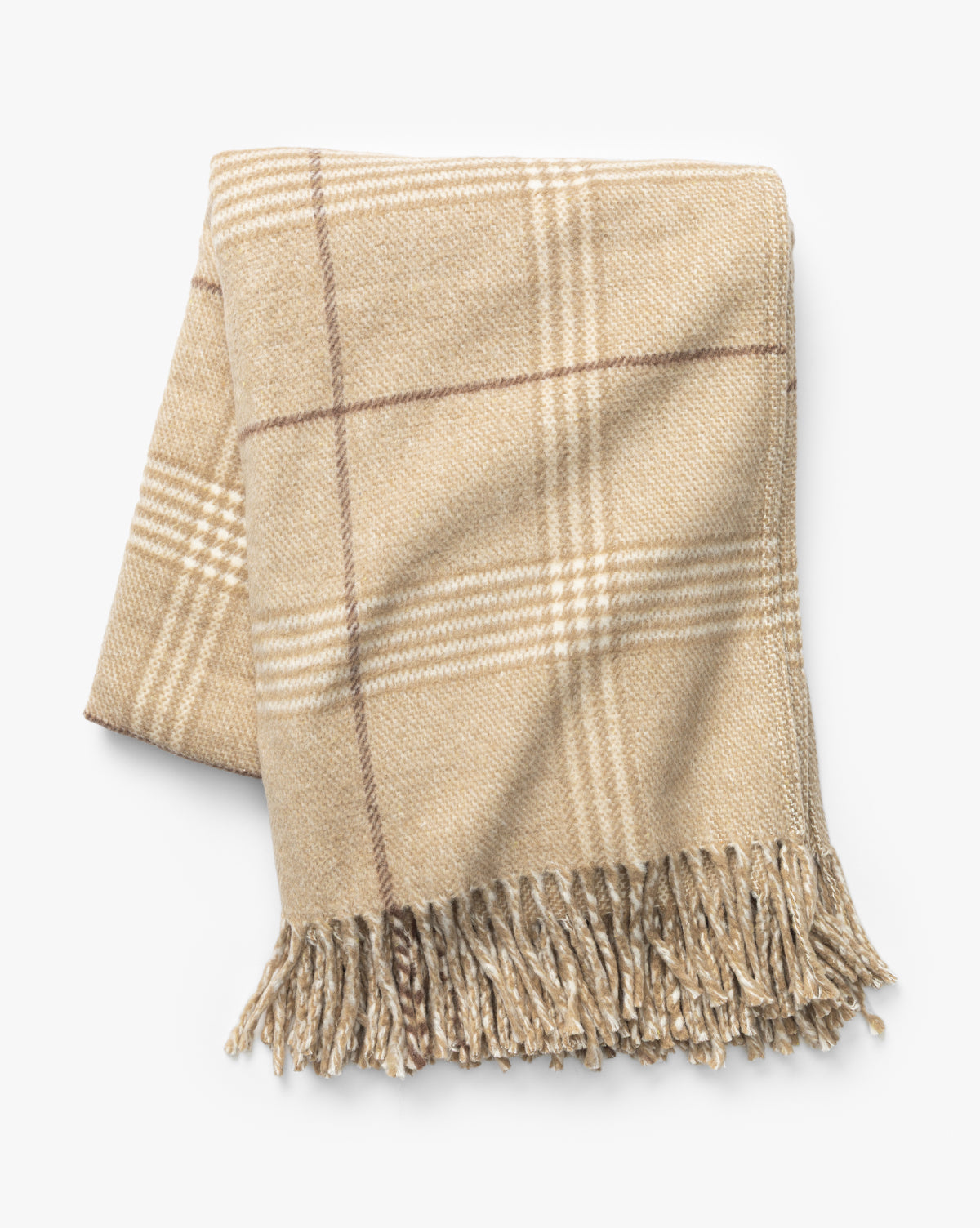 The Nottingham Throw by J Call Designs LLC dba Sew Miami LLC is a beige blanket with a light brown and cream plaid pattern and twisted fringe on the bottom edge, shown neatly folded on a white background, McGee & Co.