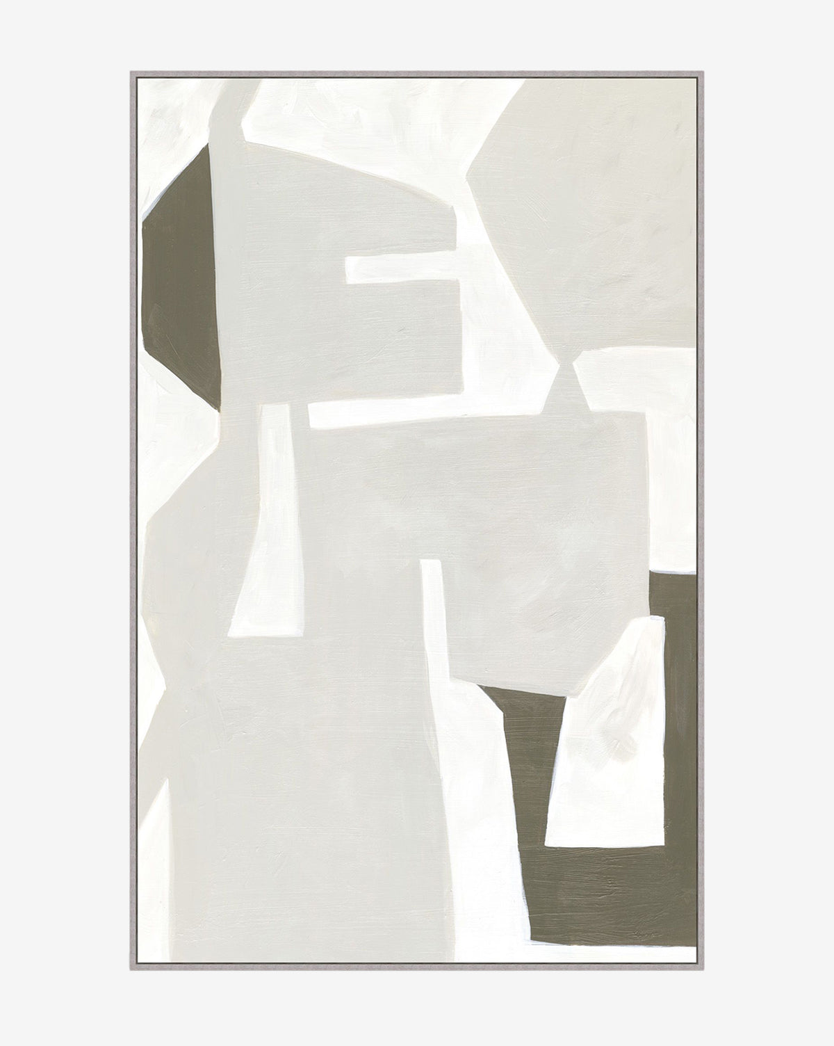 Novel Objects is a minimalist abstract art giclee print, showcasing overlapping geometric shapes in white, light gray, and olive green with soft edges. Finished with a thin light frame, its perfect as canvas wall art, by McGee & Co.