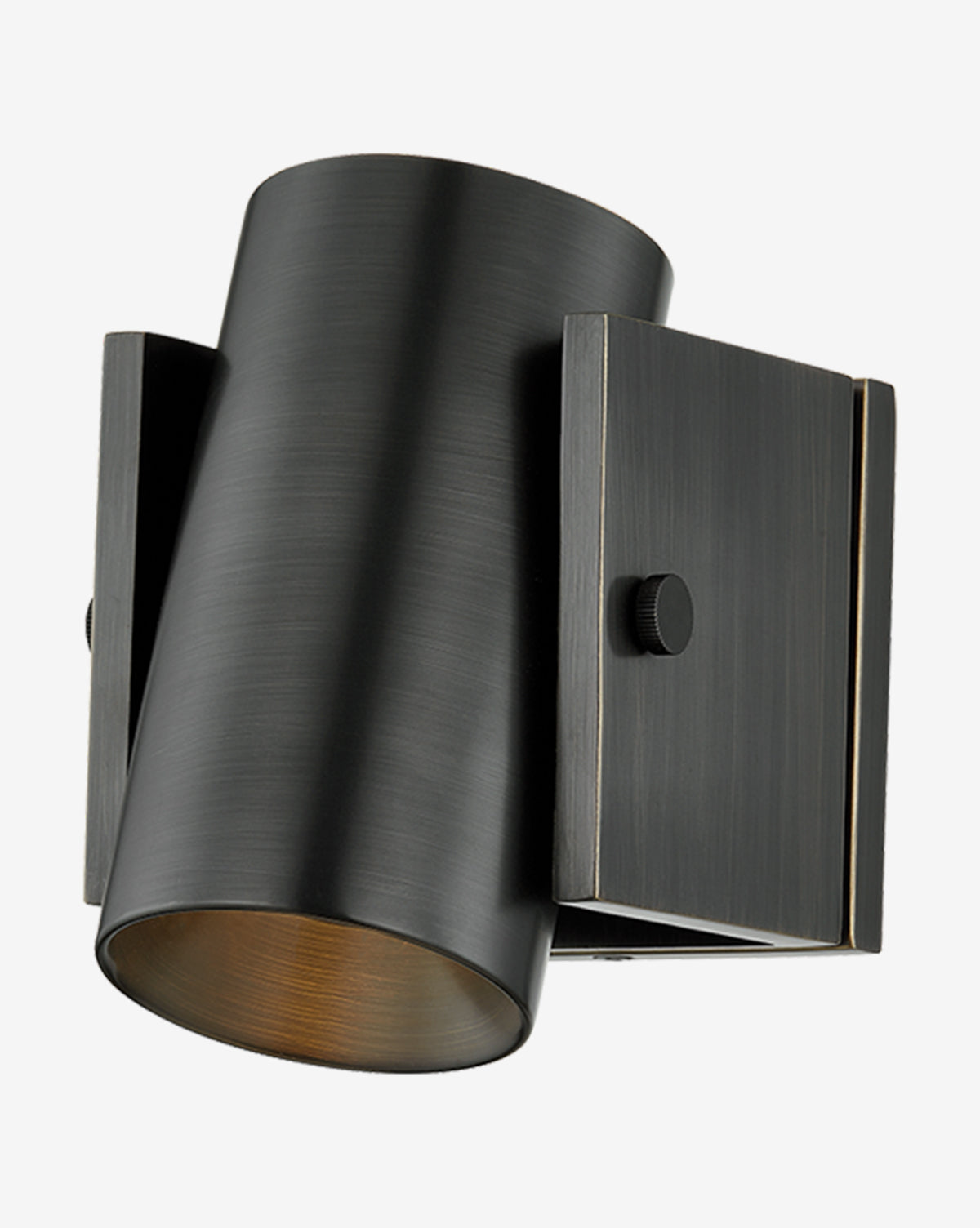 The Nowra Sconce by Hudson Valley Lighting is a modern black cylindrical wall fixture with a brushed metal finish, steel shade, and two rectangular side mounts, shown against a plain white background, McGee & Co.