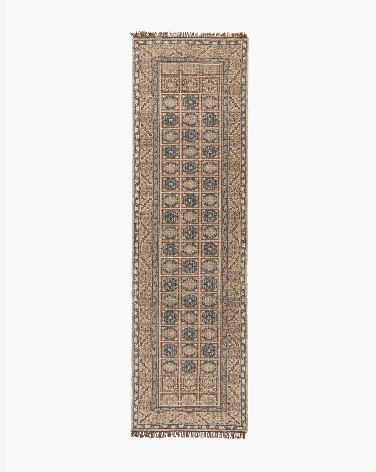 The Nunez Hand-Knotted Wool Rug features a rectangular shape with a beige background, blue and brown geometric patterns, and fringed shorter edges, shown on a white background, by McGee & Co.
