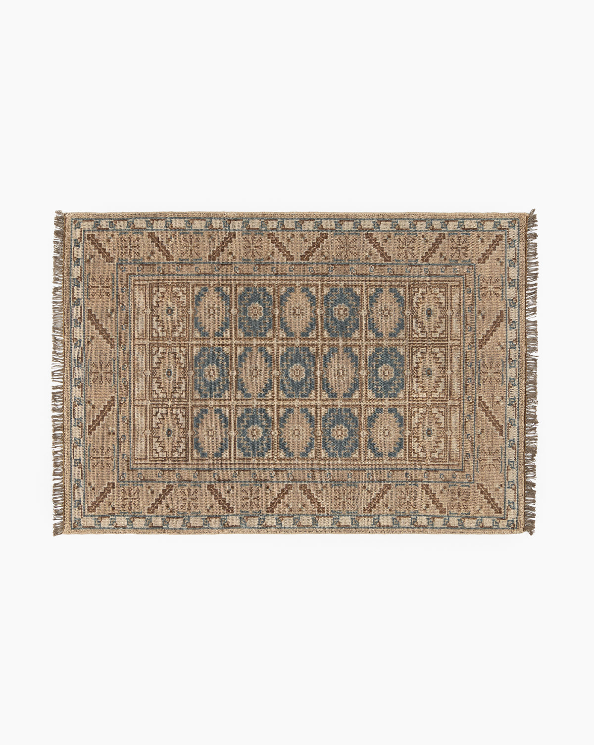 The Nunez Hand-Knotted Wool Rug features a geometric and floral design in beige, brown, and blue with a classic border and short fringes on the ends, by McGee & Co.