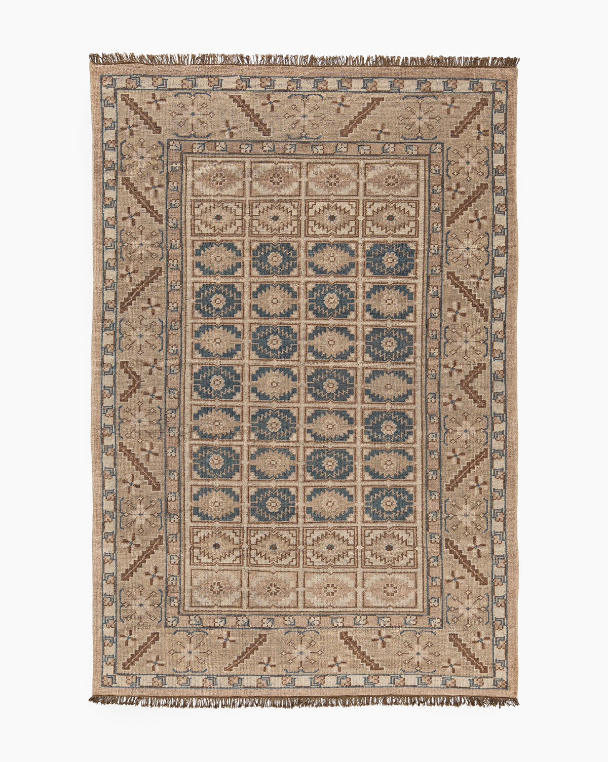 The Nunez Hand-Knotted Wool Rug features a beige background with blue and brown geometric and floral grid patterns, framed by a classic border design and finished with fringes on the short edges, by McGee & Co.
