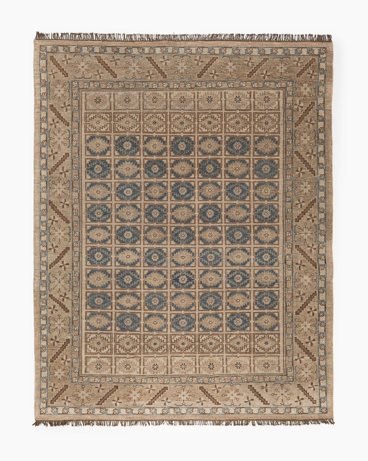 The Nunez Hand-Knotted Wool Rug features a rectangular shape with a geometric grid pattern in beige, tan, brown, green, and blue. Its central design includes small floral-motif squares framed by classic borders, by McGee & Co.
