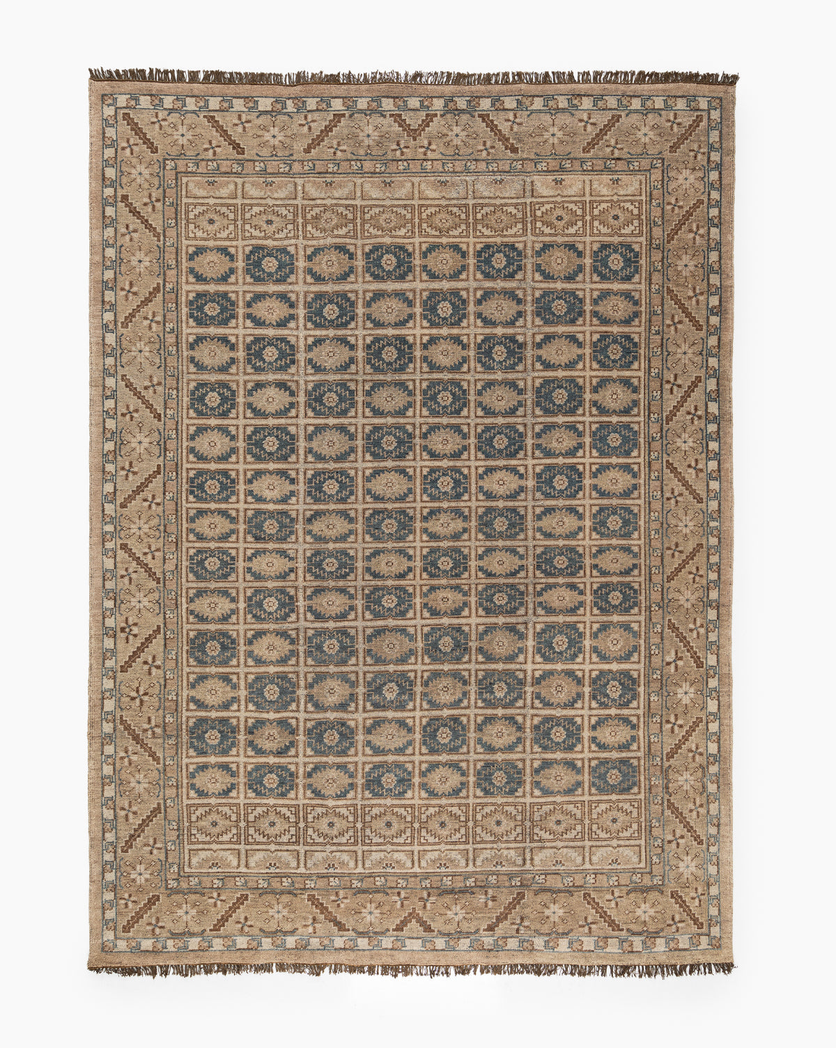 The Nunez Hand-Knotted Wool Rug features a rectangular shape with a beige border, intricate blue and beige geometric and floral designs, and a classic detailed patterned frame, by McGee & Co.