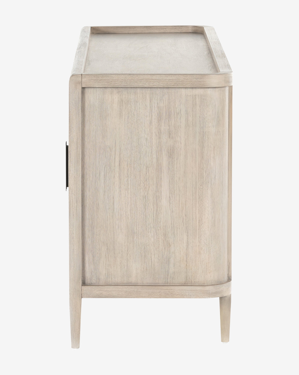 Side view of the Nyx Sideboard, made from solid mahogany with a smooth finish, curved front edge, and tapered legs, by McGee & Co.