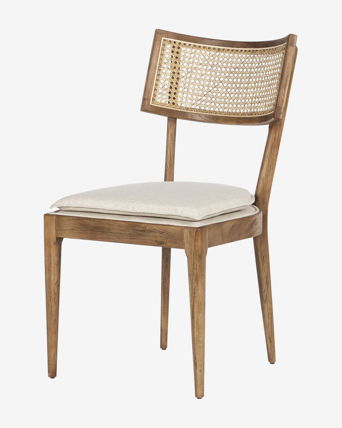 The Odelle Dining Chair features a woven cane backrest, beige cushioned seat, and sturdy tapered legs, displayed against a plain white background by McGee & Co.