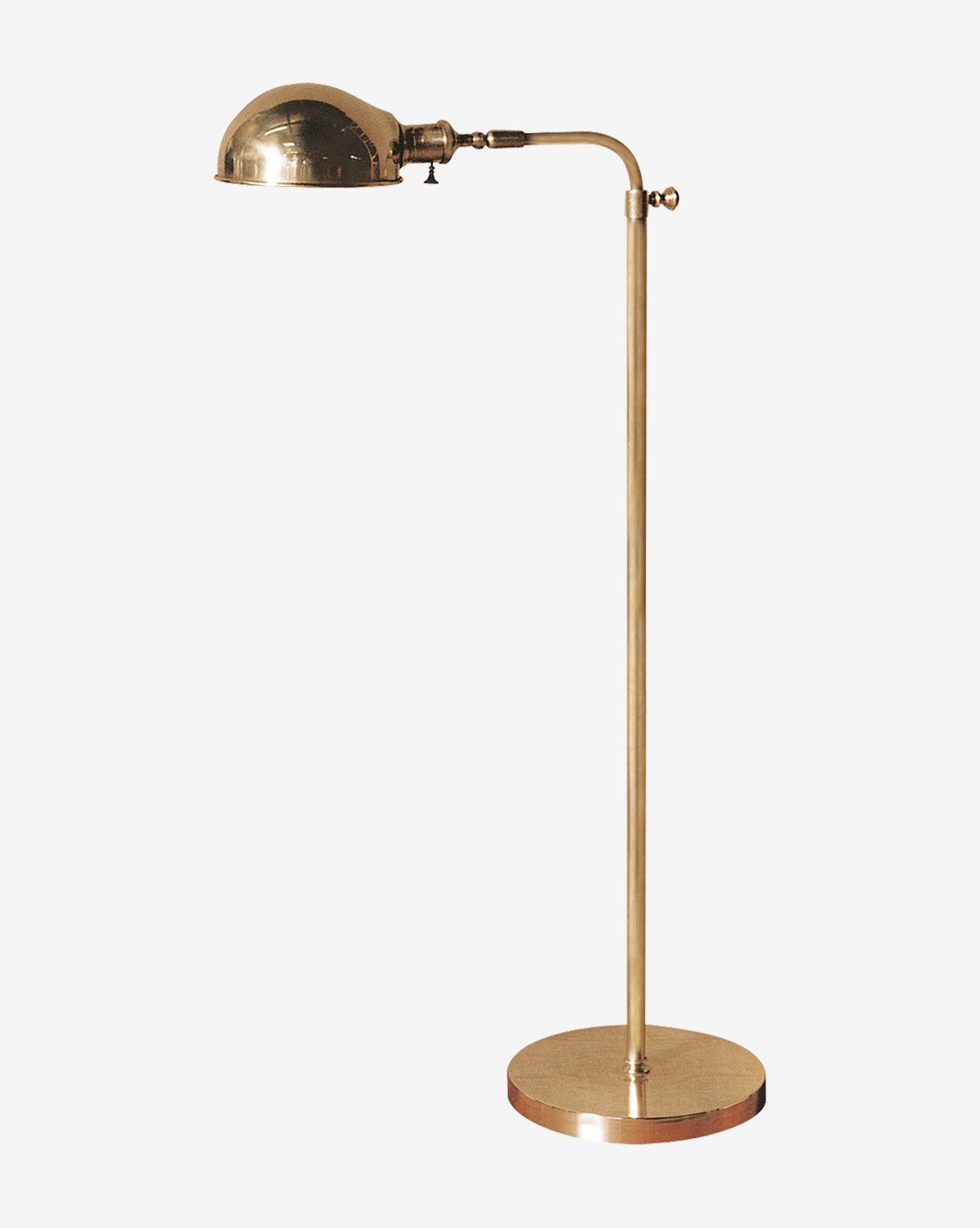 The Old Pharmacy Floor Lamp features a polished gold finish with a round base, straight vertical stem, and adjustable dome-shaped shade, standing elegantly against a plain white background, by McGee & Co.