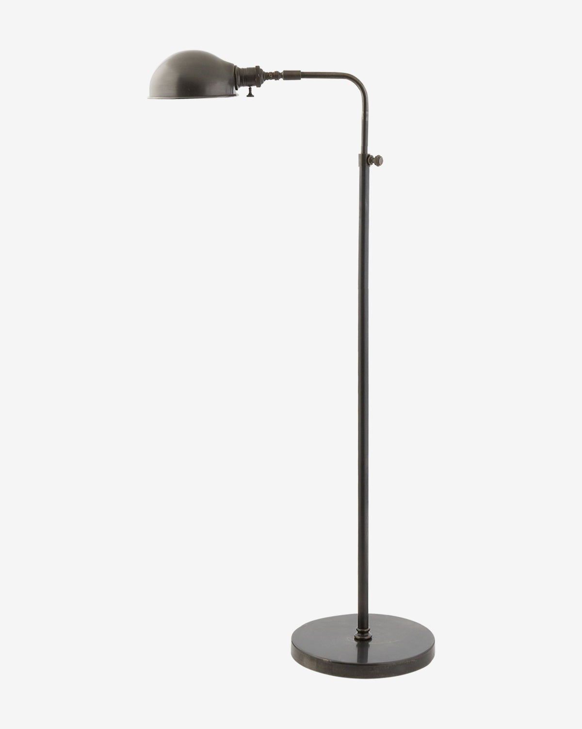 The Old Pharmacy Floor Lamp by Visual Comfort & Co. Signature is a black metal traditional task floor lamp with an adjustable arm, round base, dome-shaped shade, and minimalist industrial design. McGee & Co.