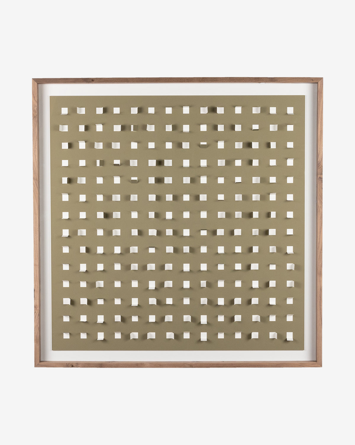 The Olive Grid is a square wall art with an olive green background and walnut frame, featuring a geometric grid of evenly spaced small square holes for a minimalist, textured look.