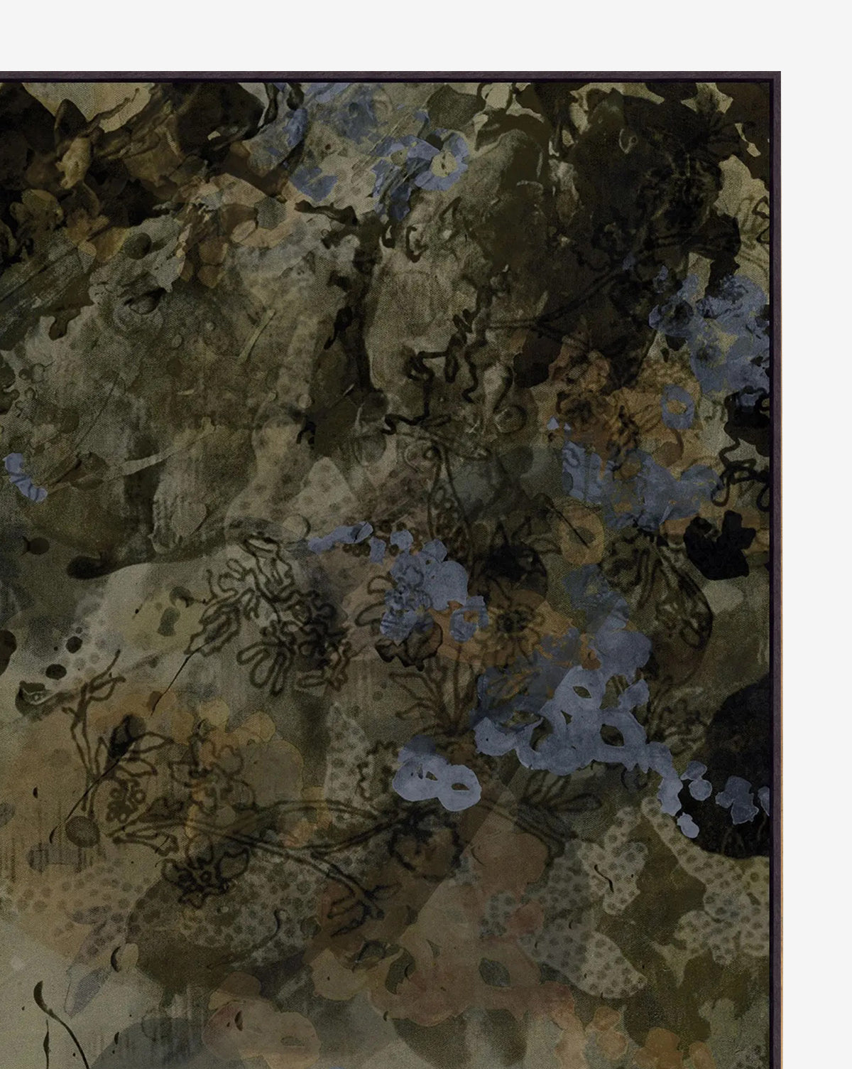 Olive Grove is a striking giclee on canvas featuring abstract wall art with overlapping dark green, brown, and black brushstrokes, scattered blue and muted yellow floral patterns, and delicate sketch-like flower outlines, by McGee & Co.