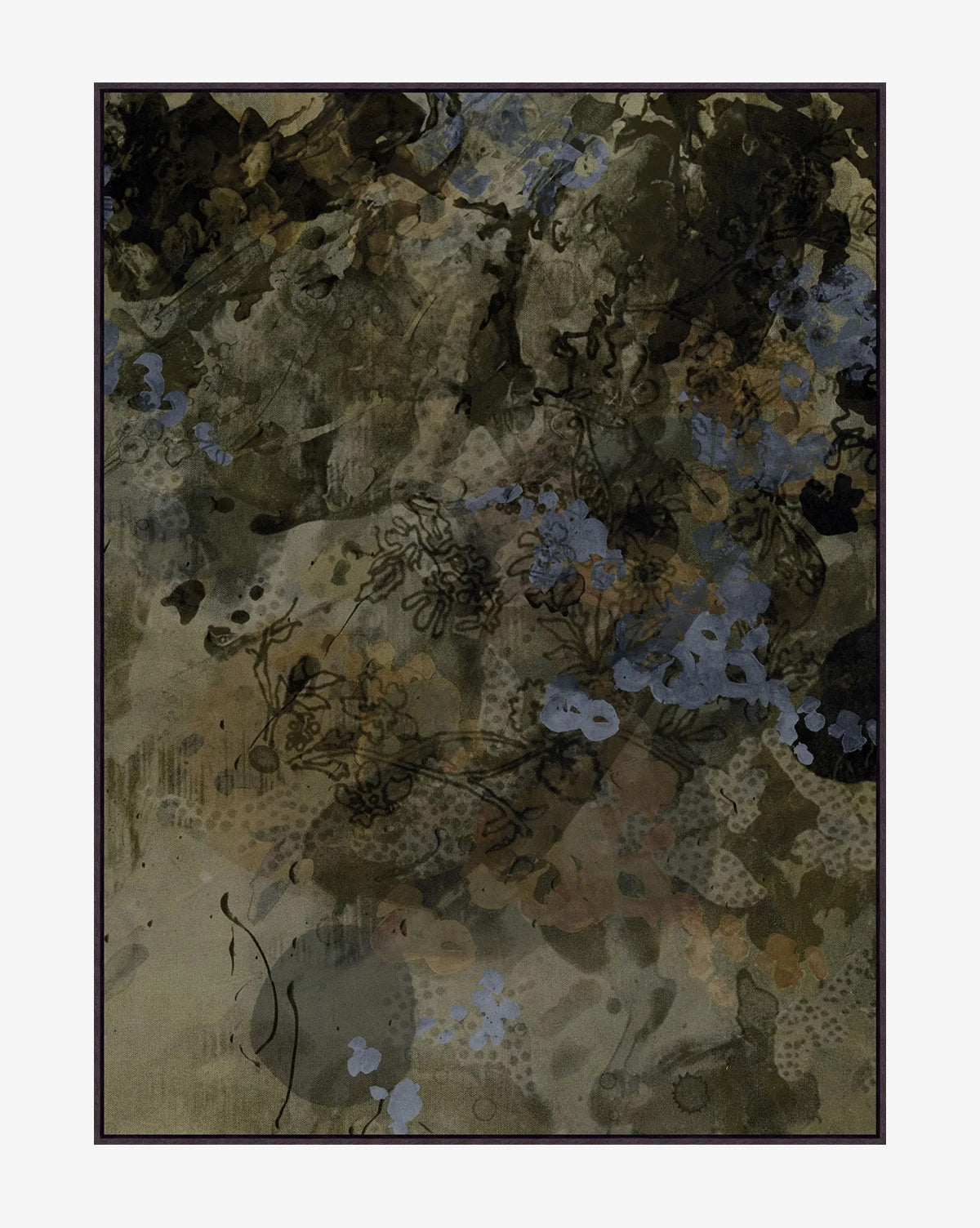 Olive Grove features muted earthy tones with soft blue and brown floral shapes and delicate black linework, creating a layered, woodland-inspired effect—perfect as framed abstract wall art for any space, by McGee & Co.