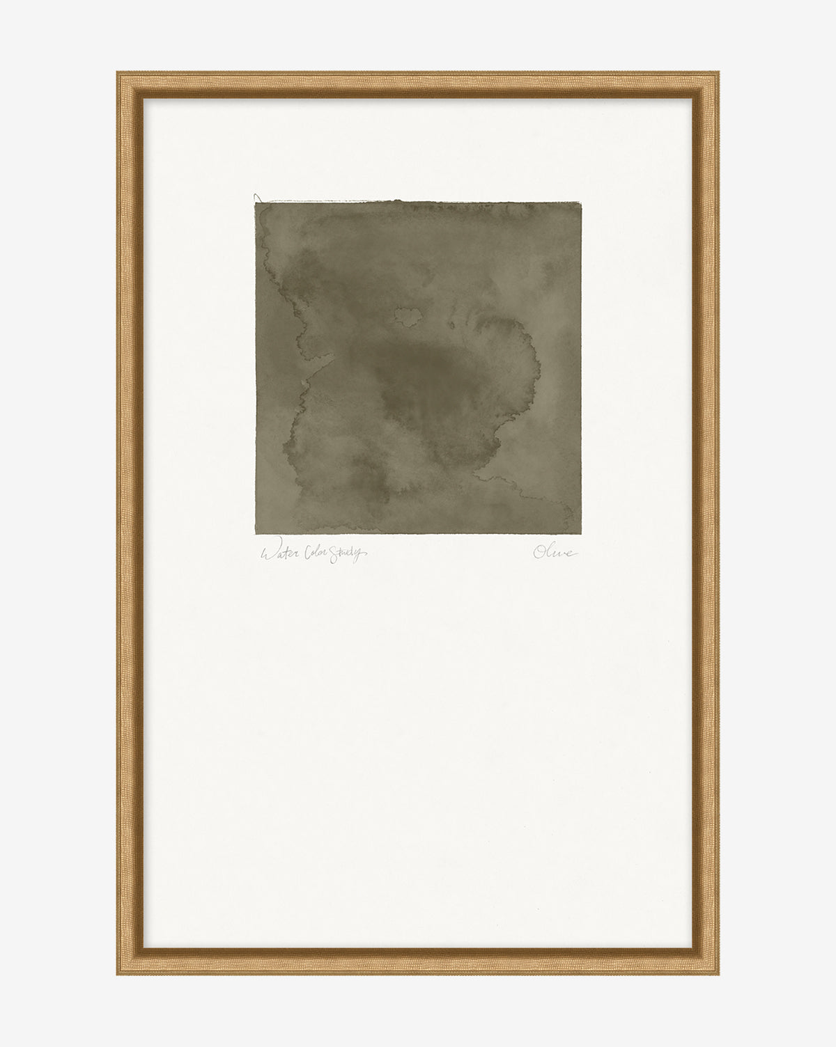 The Olive Study is a minimalist textured art print featuring a grayish-brown square with watercolor gradients, centered on white and framed in light wood. Subtle signatures below add refinement, making it perfect for any modern space.