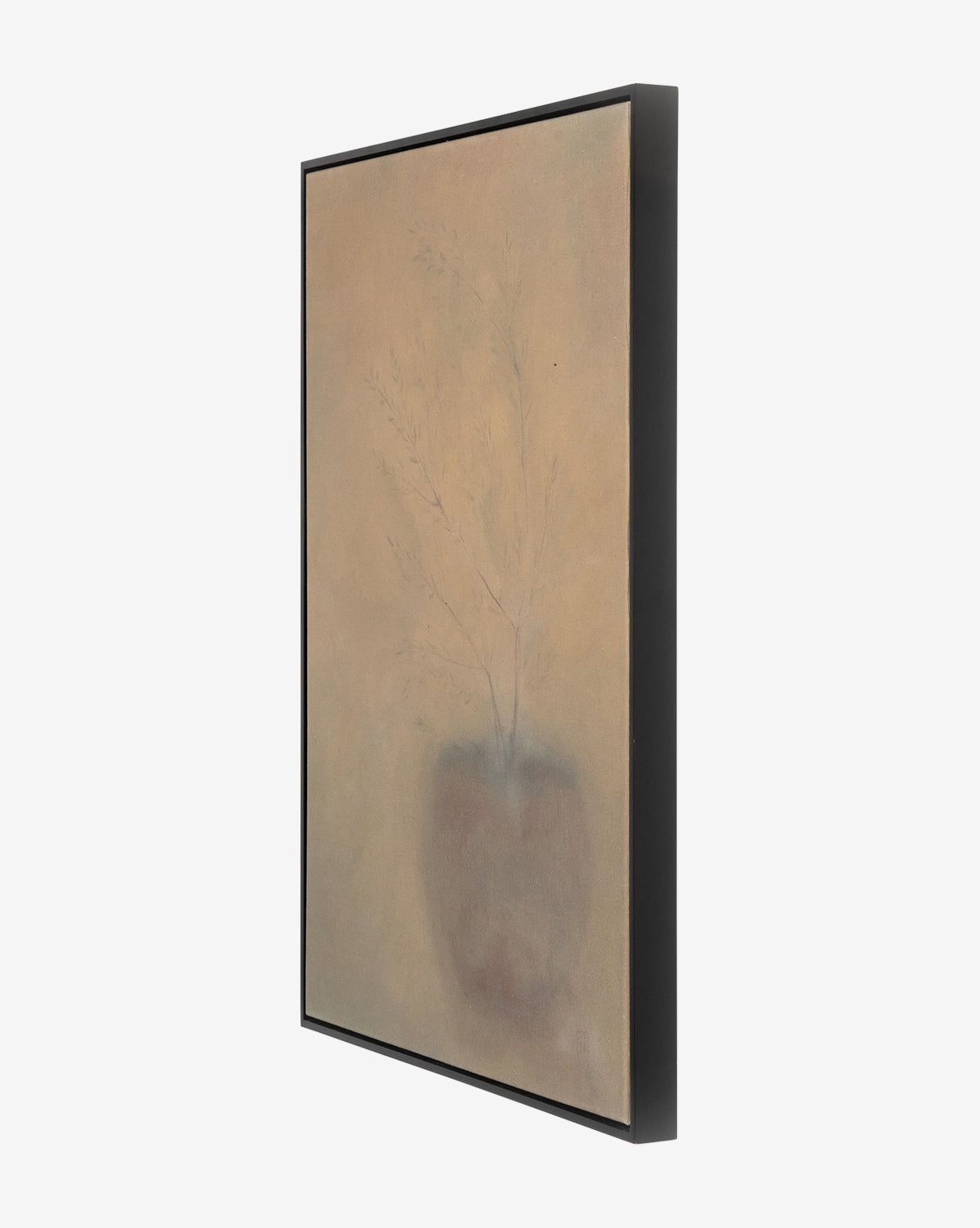 Olive by Jess Engle is a framed botanical wall art featuring a soft, blurry image of a potted plant with delicate branches on a muted beige background, displayed from a side angle in an elegant American maple frame.