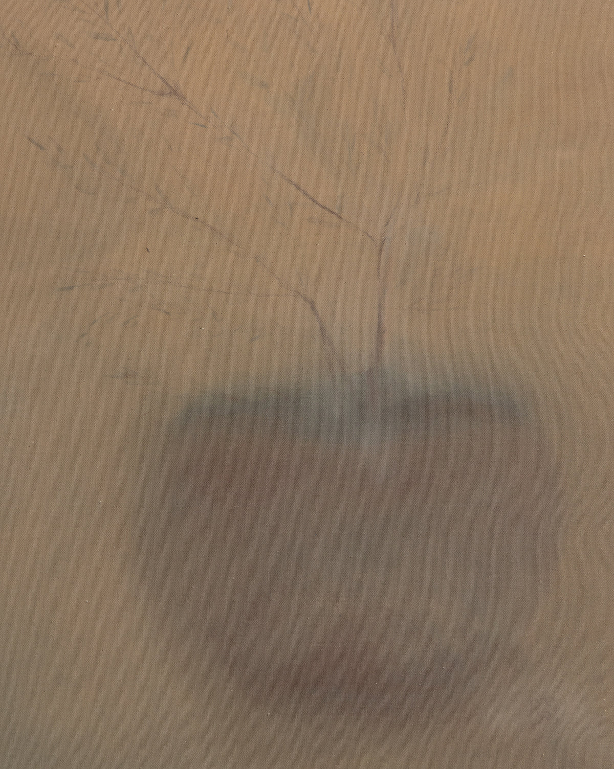 Olive by Jess Engle is a soft-focus painting on gallery-quality canvas, featuring a simple vase with wispy branches against a muted beige background. Earthy tones and smooth blending give this botanical wall art a dreamy, serene vibe.