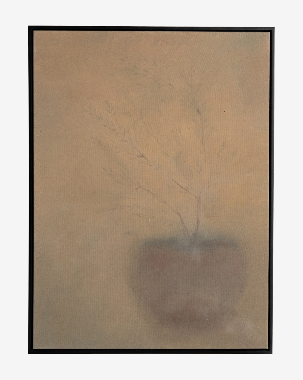 Olive by Jess Engle is a minimalist botanical wall art featuring a faint potted plant in soft earth tones and subtle shading, all presented in a thin black frame.