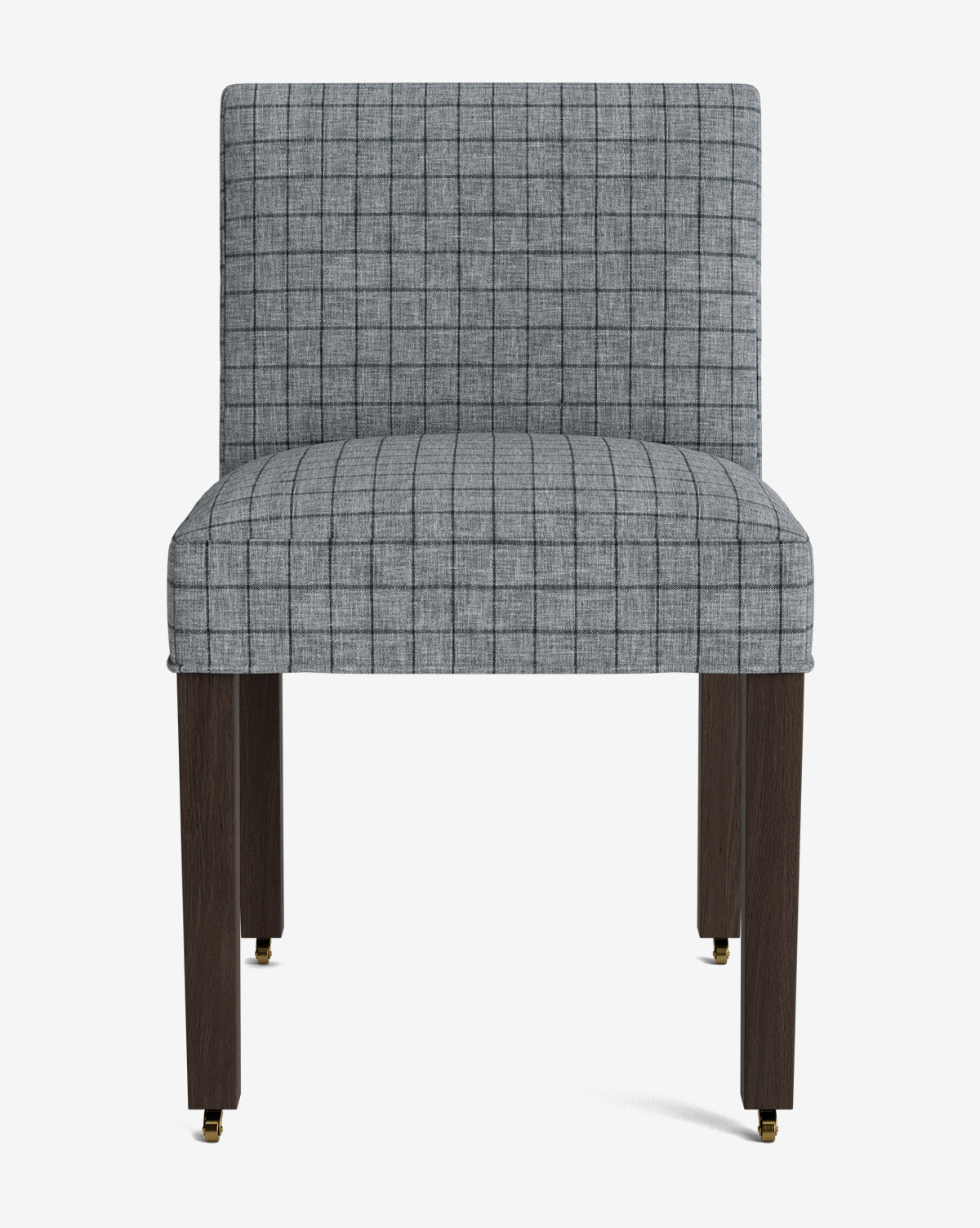 Front view of the Olivier Upholstered Dining Chair with a gray checkered high-quality fabric seat and backrest, dark wooden legs, and small gold casters, displayed against a plain white background, by McGee & Co.