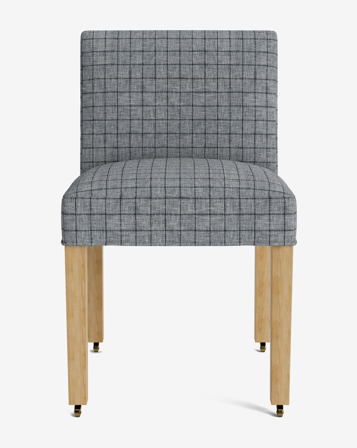 The Olivier Upholstered Dining Chair features light wooden legs and grey, high-quality fabric with a black checkered pattern, shown from the front against a plain white background, by McGee & Co.