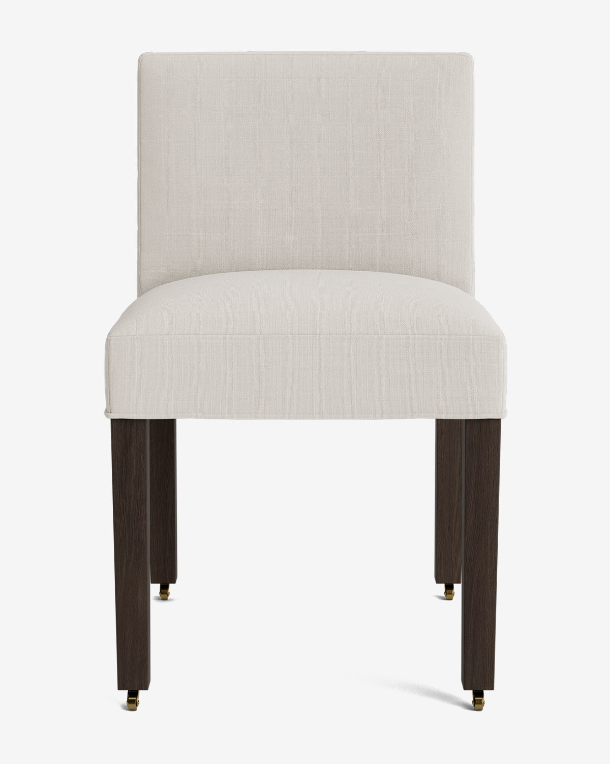 The Olivier Upholstered Dining Chair features a modern design with a white fabric seat and backrest, four straight wooden legs in a dark finish, and small casters at the bottom for easy movement, by McGee & Co.