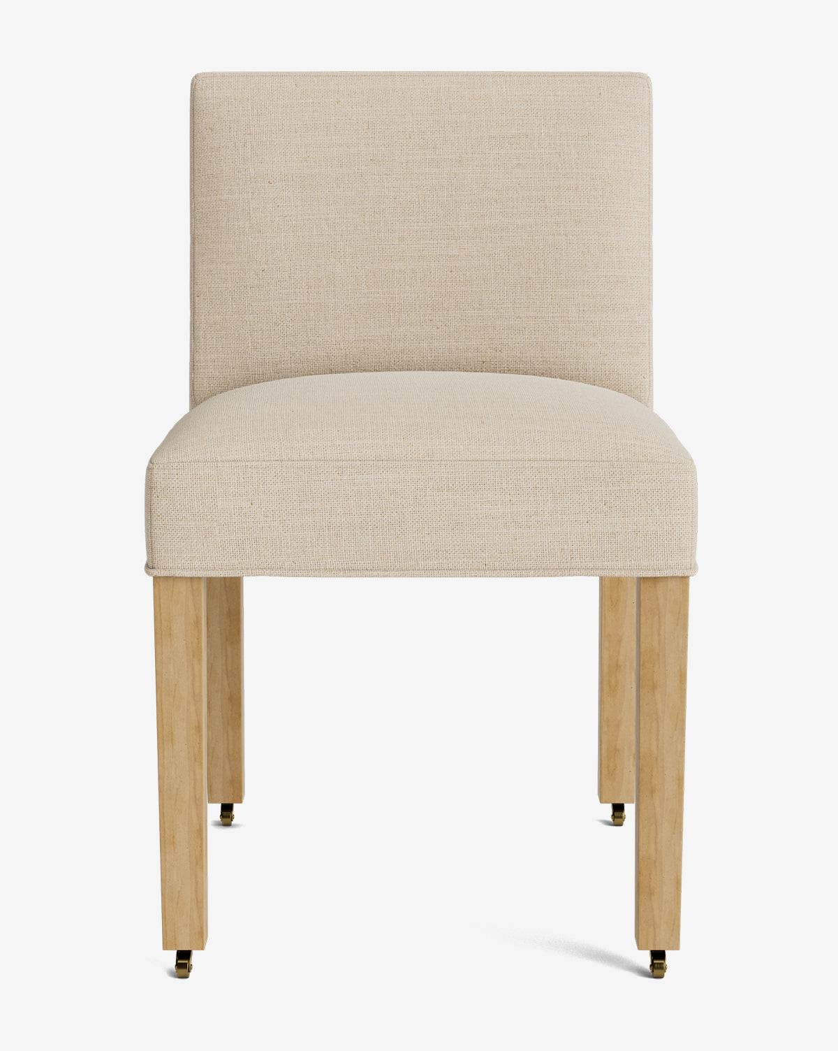 The Olivier Upholstered Dining Chair, shown against a plain white background, features high-quality beige fabric, a straight backrest and seat, and light wooden legs with small caster wheels by McGee & Co.