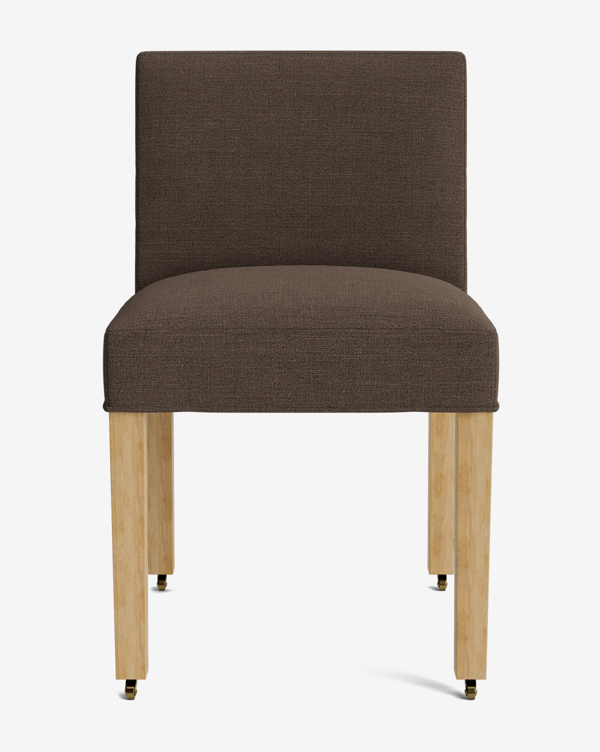 The Olivier Upholstered Dining Chair features a brown high-quality fabric seat and backrest, four light wood legs with small casters, and is shown against a plain white background by McGee & Co.