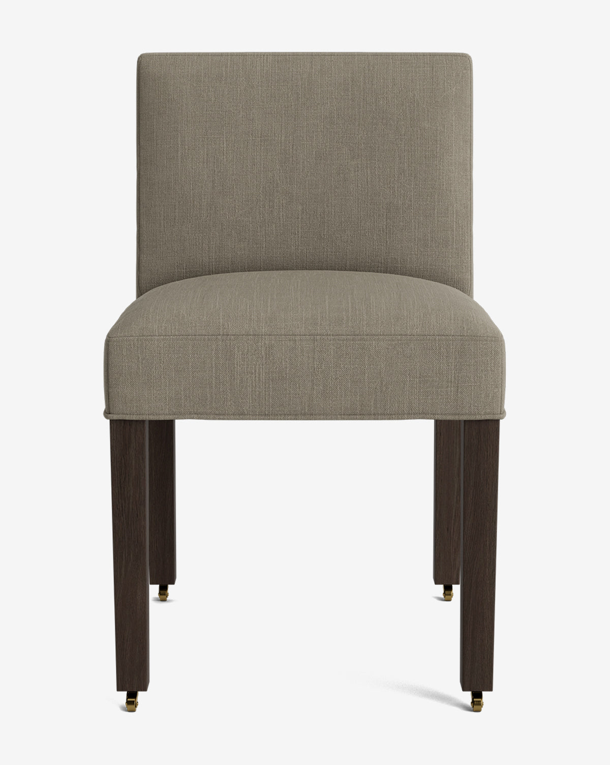 A front view of the Olivier Upholstered Dining Chair, featuring a gray feather and down blend seat and backrest, dark wooden legs with brass wheels, set against a white background, by McGee & Co.