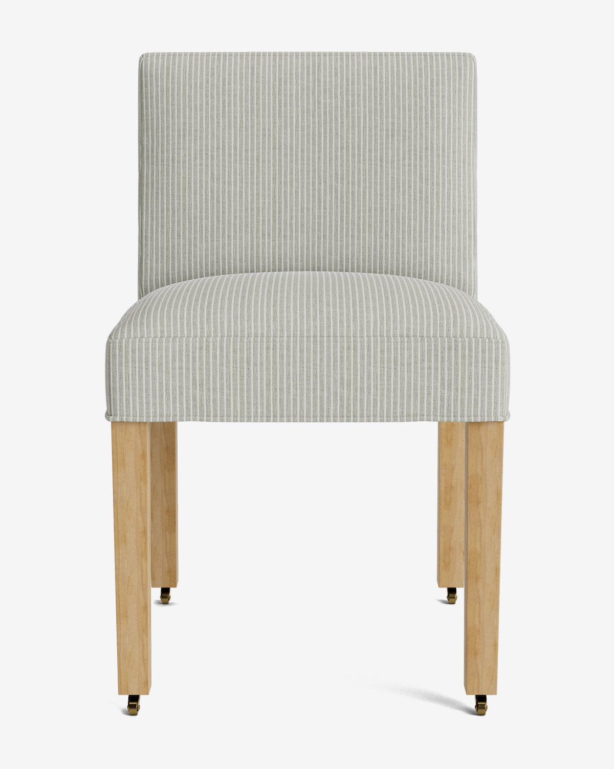 Front view of the Olivier Upholstered Dining Chair with light wood legs, armless design, light gray fabric featuring thin white vertical stripes, and caster wheels for easy movement, by McGee & Co.