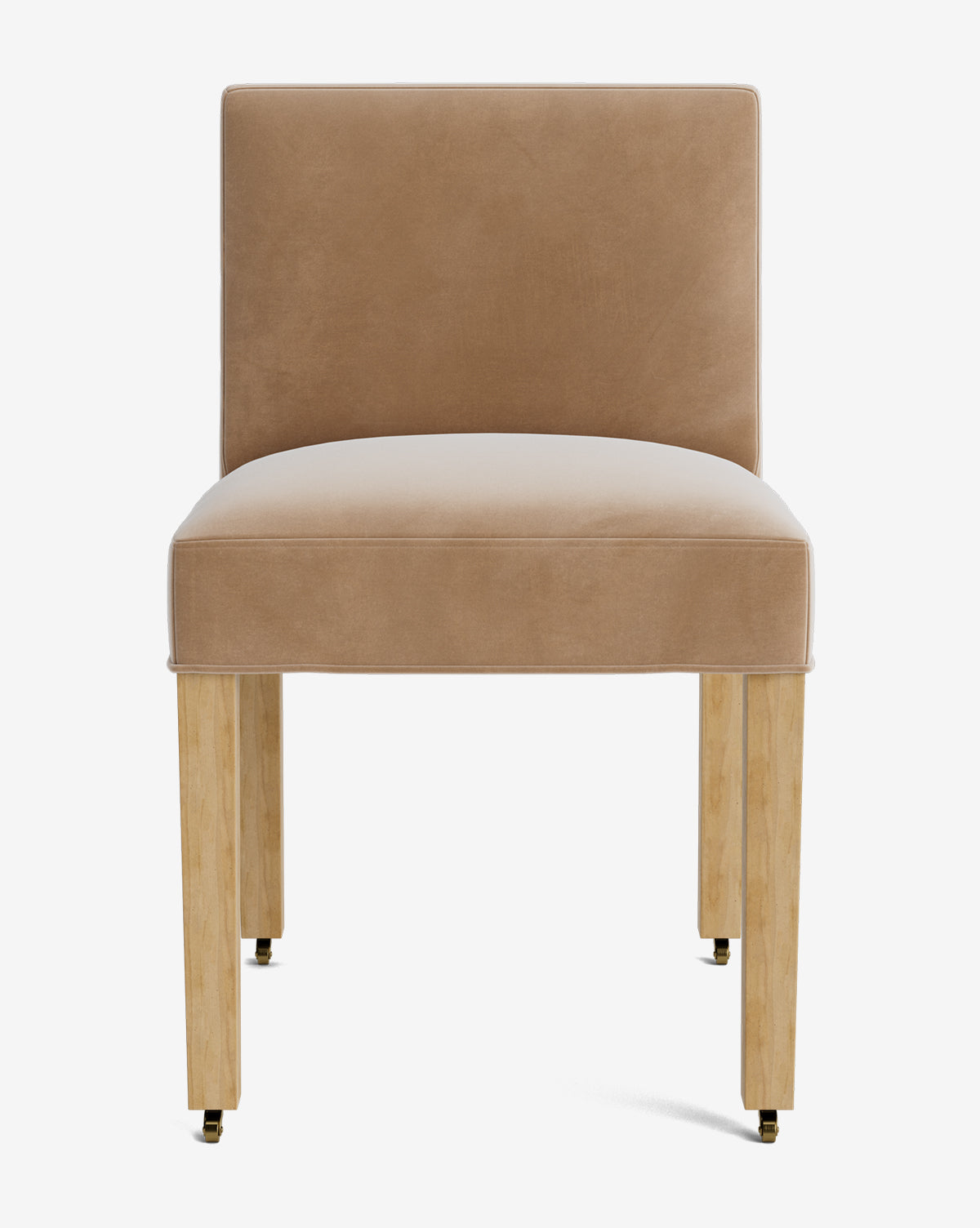 Front view of the Olivier Upholstered Dining Chair featuring a modern armless design, light brown high-quality fabric seat and backrest, and four light wooden legs with small caster wheels at the base, by McGee & Co.