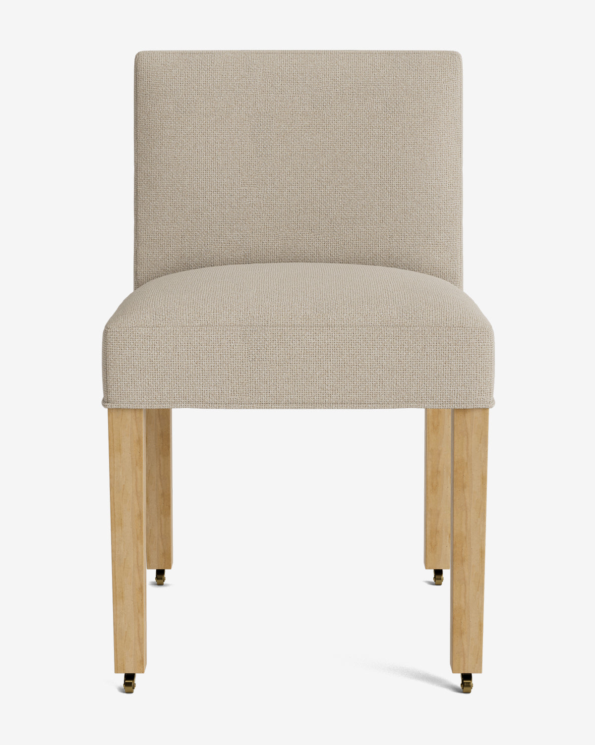 The Olivier Upholstered Dining Chair features high-quality beige fabric, an armless design, rectangular backrest, and light wooden legs, shown against a plain white background by McGee & Co.
