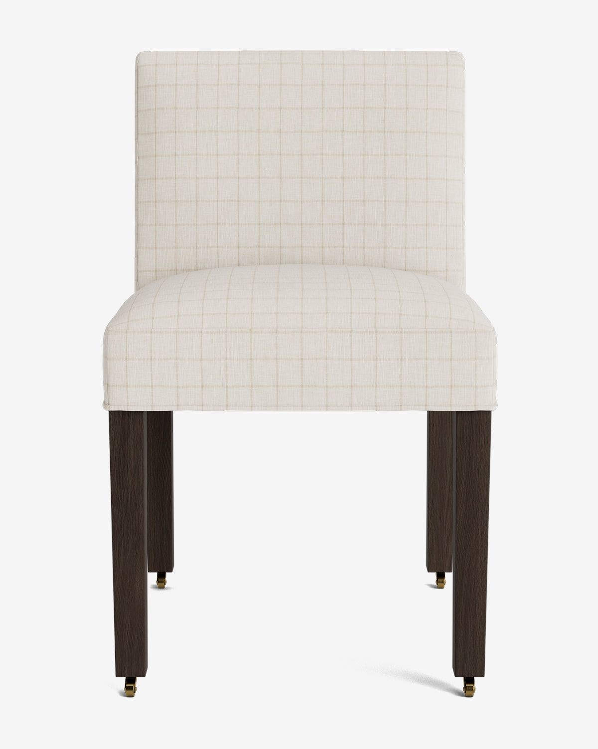Front view of the Olivier Upholstered Dining Chair in light beige high-quality fabric with a subtle grid pattern, dark wooden legs, and small brass casters on the front legs, by McGee & Co.