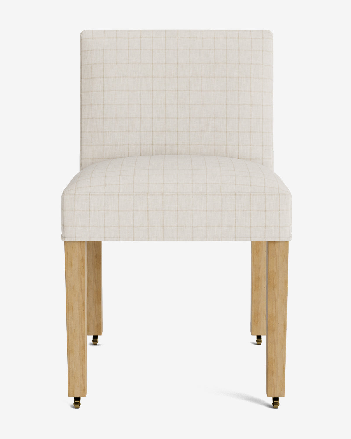 The Olivier Upholstered Dining Chair features a modern armless design with light wooden legs and off-white, grid-patterned high-quality fabric upholstery, displayed front-facing against a plain white background by McGee & Co.