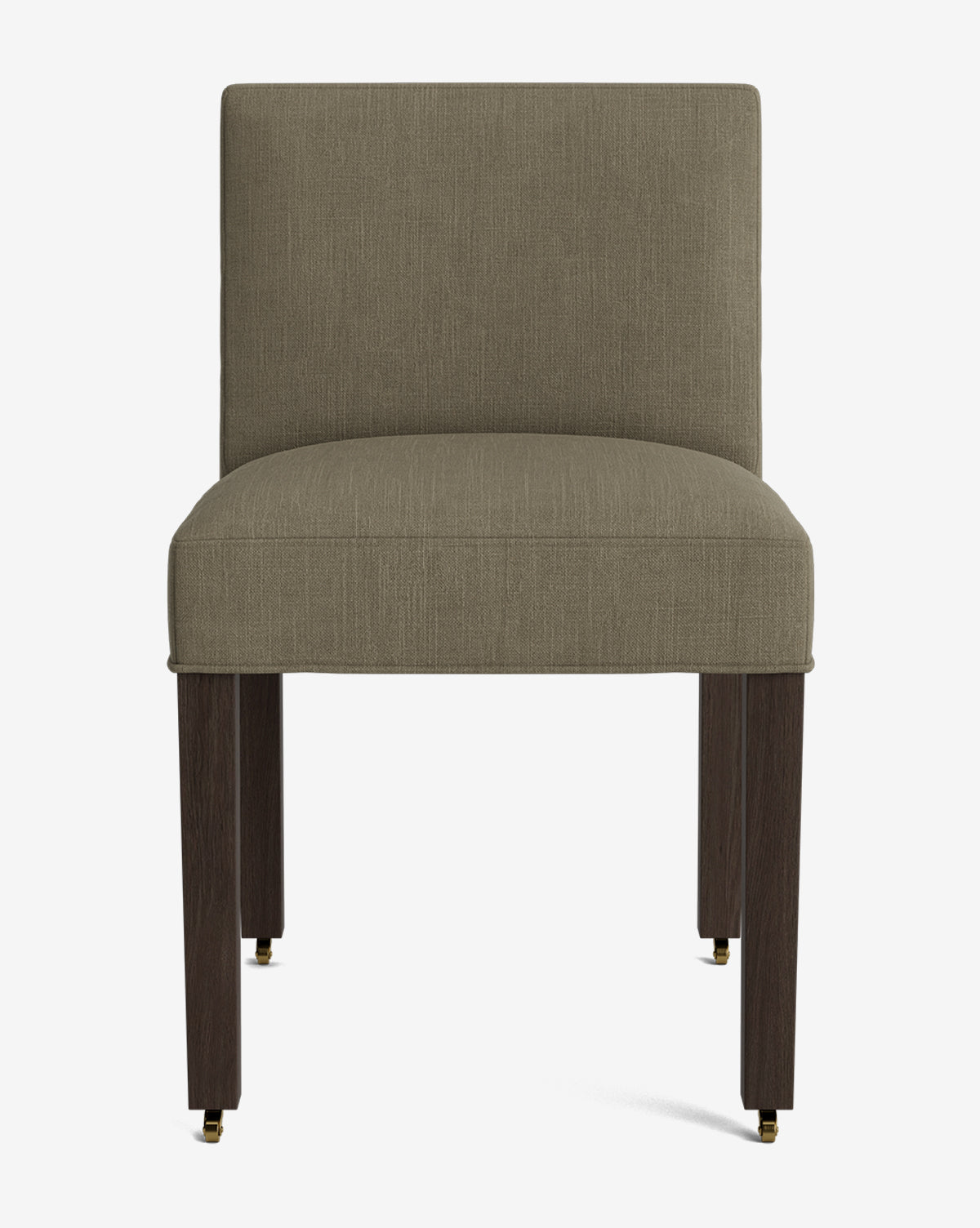 The Olivier Upholstered Dining Chair features an olive green cushioned seat and backrest in premium fabric, supported by four dark wooden legs with brass casters—all shown from the front against a plain white background, by McGee & Co.
