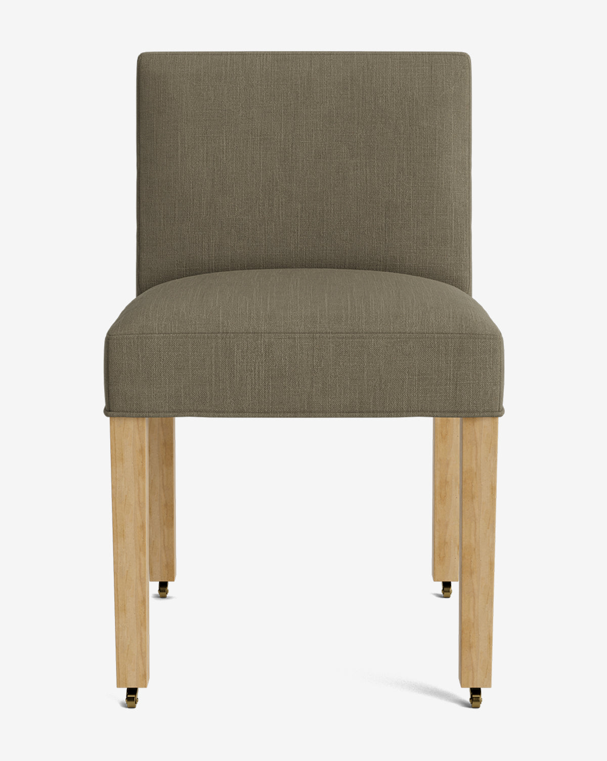 The Olivier Upholstered Dining Chair features a textured olive-green high-quality fabric seat and back, set on four light wood legs with metal casters on the front two for easy movement, by McGee & Co.