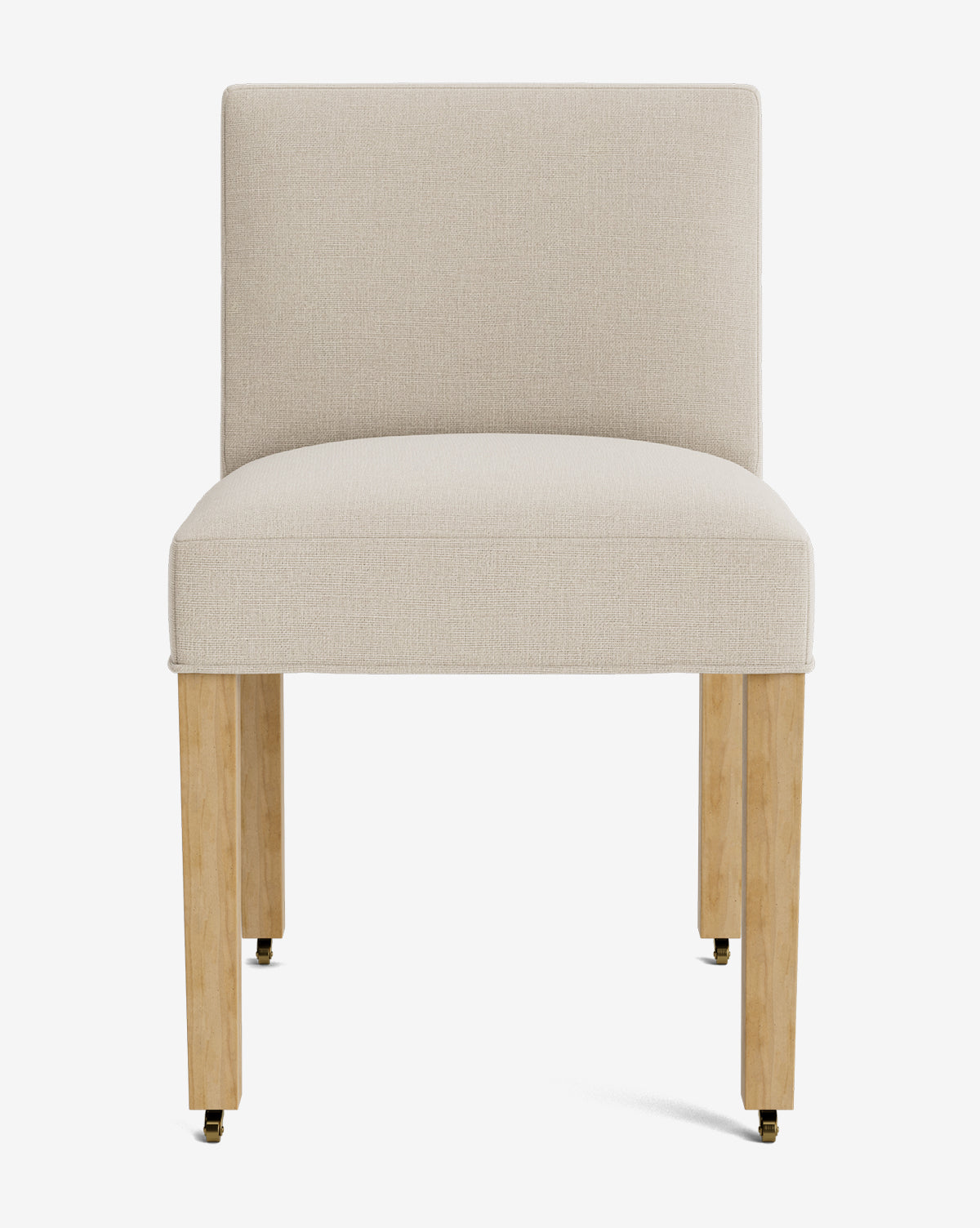 The Olivier Upholstered Dining Chair features a beige fabric seat, straight backrest, and light wooden legs, elegantly displayed against a white background by McGee & Co.