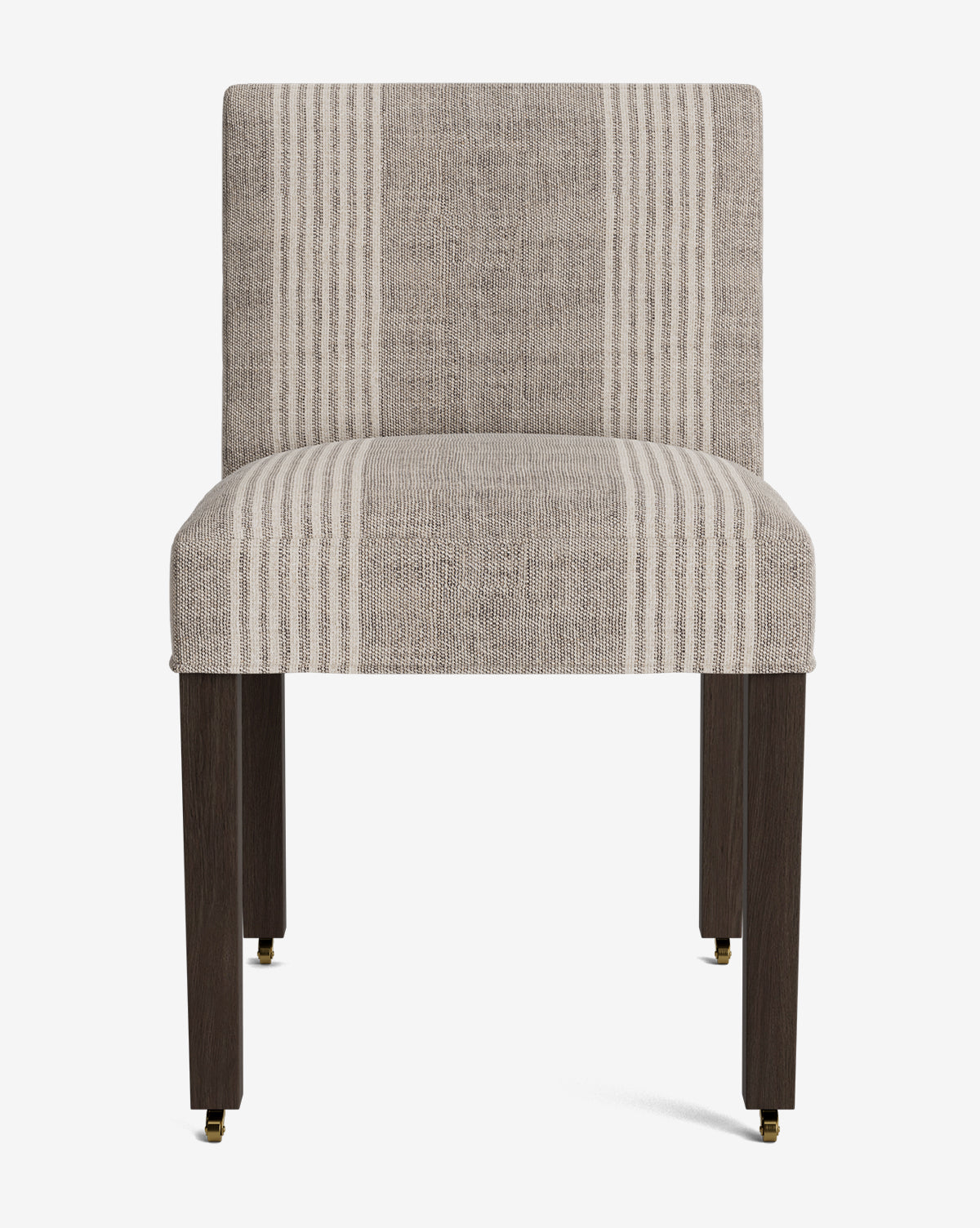 The Olivier Upholstered Dining Chair features a square back, cushioned feather-and-down seat, light beige and cream vertical stripes, and dark wooden legs with brass casters on the front legs, by McGee & Co.