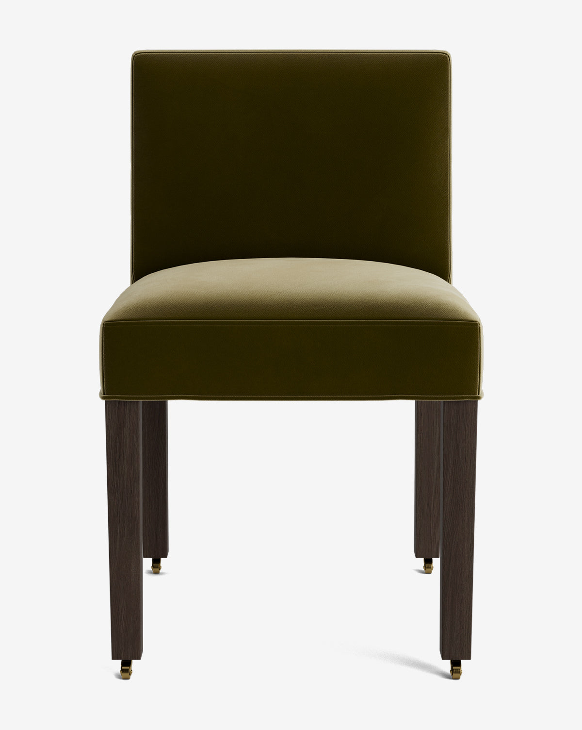 The Olivier Upholstered Dining Chair features an armless olive green seat with a rectangular backrest, dark wooden legs, and gold casters, all crafted from high-quality fabric and shown against a plain white background by McGee & Co.