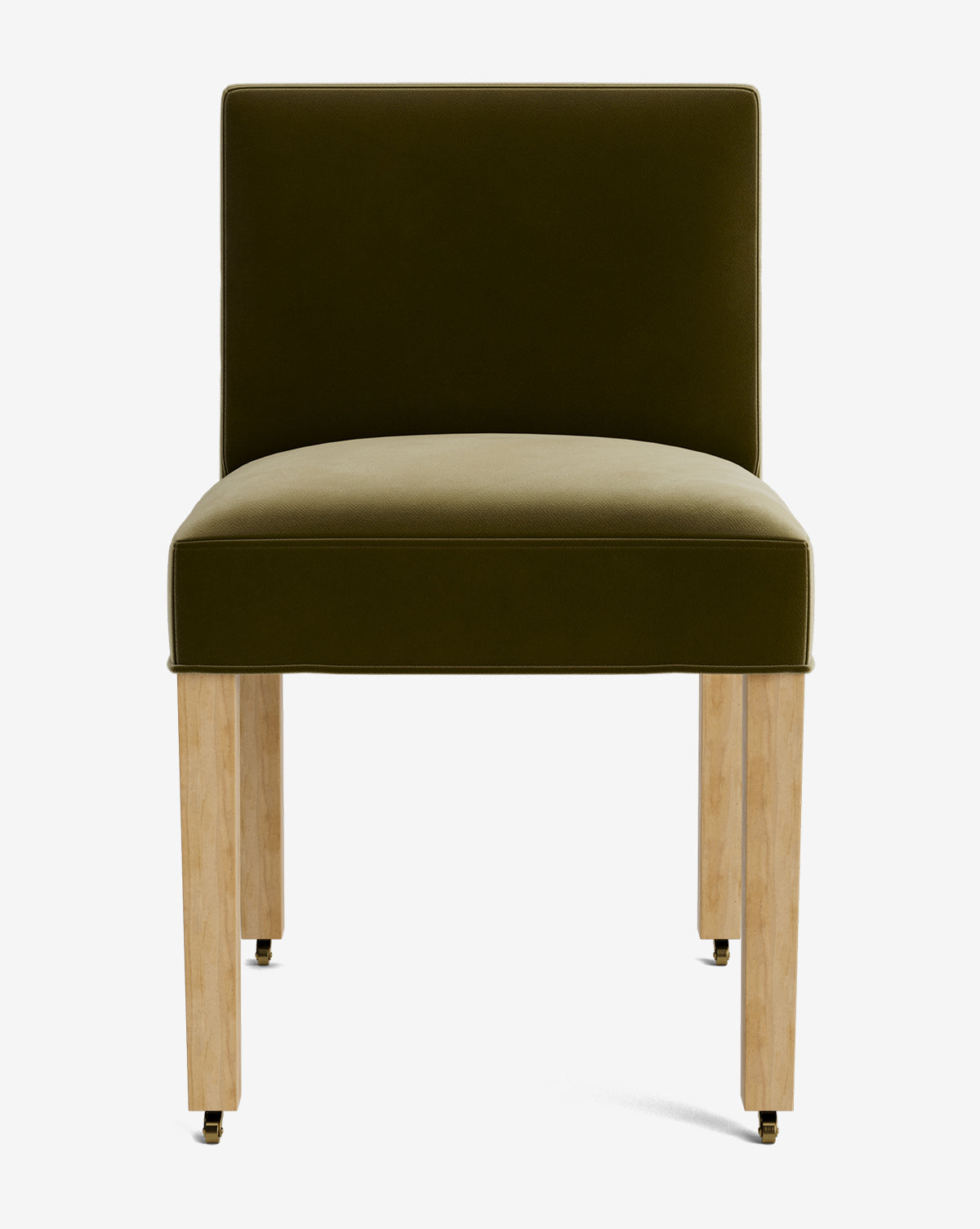 Front view of the Olivier Upholstered Dining Chair showcasing an olive green high-quality fabric seat and backrest, paired with light wood legs and small brass casters, by McGee & Co.