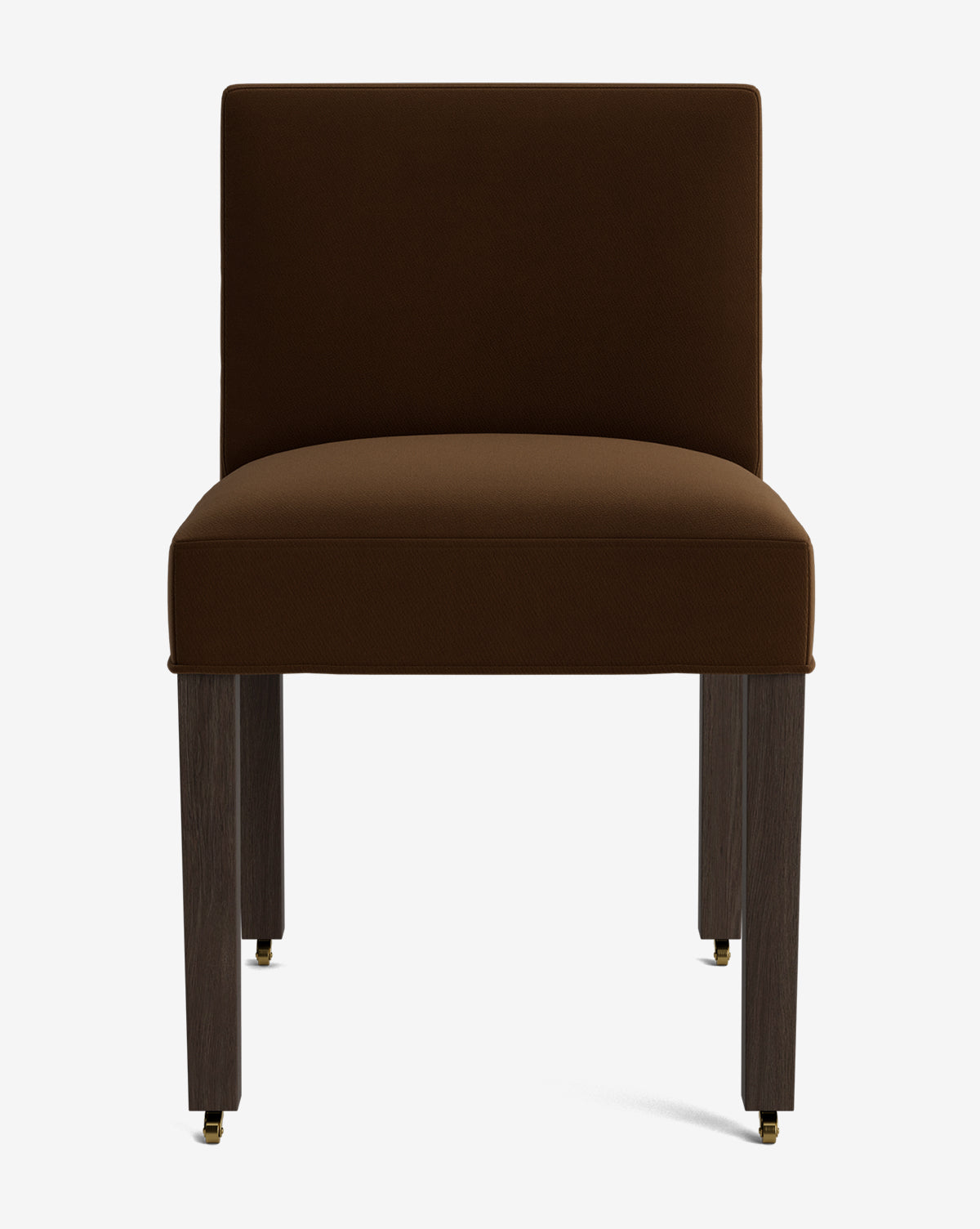 The Olivier Upholstered Dining Chair, shown from the front against a white background, features high-quality brown fabric upholstery, a straight back, and dark wooden legs by McGee & Co.