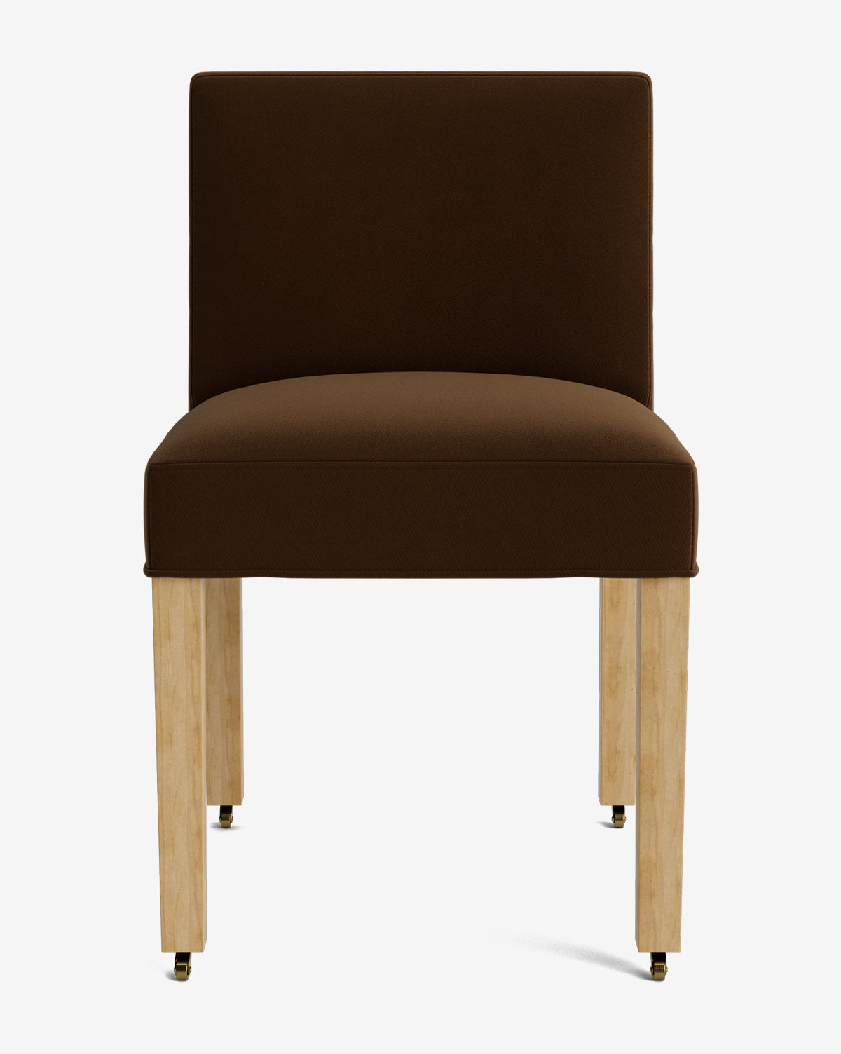 Front view of the Olivier Upholstered Dining Chair, featuring a dark brown fabric seat and backrest, light wooden legs with small wheels on each leg, all set against a plain white background, by McGee & Co.