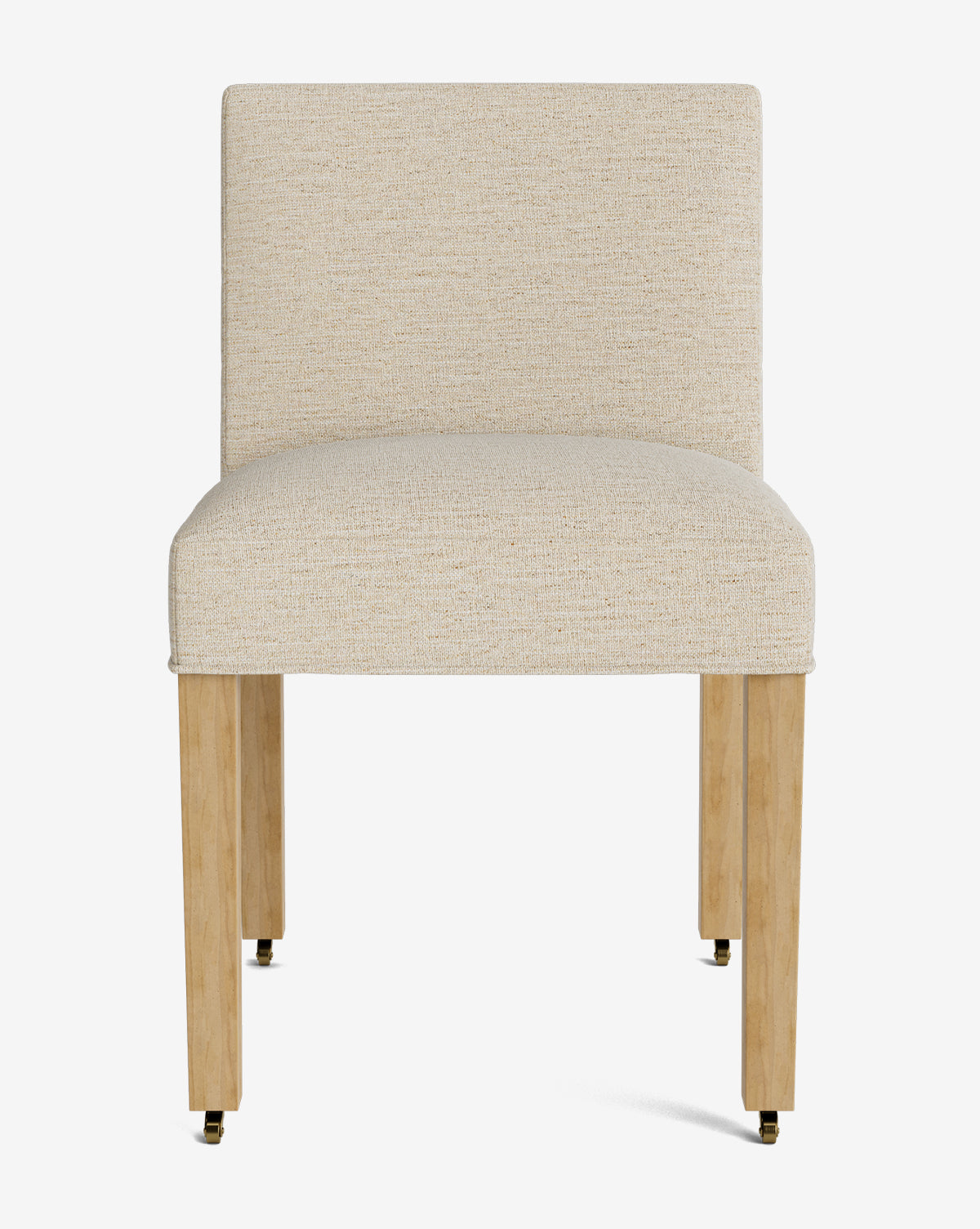 The Olivier Upholstered Dining Chair features a modern armless design with a beige fabric seat and back, four light wooden legs, and small metal casters on the front two legs, by McGee & Co.