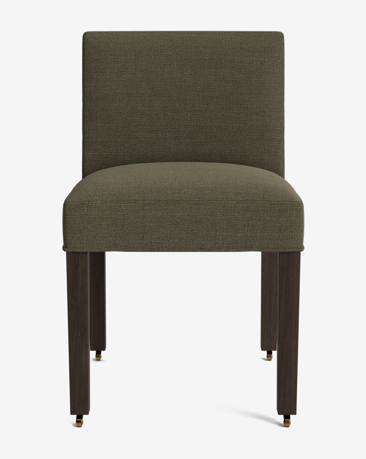 Front view of the Olivier Upholstered Dining Chair featuring an olive green high-quality fabric seat and back, four dark wooden legs with brass-capped feet, all set against a plain white background, by McGee & Co.