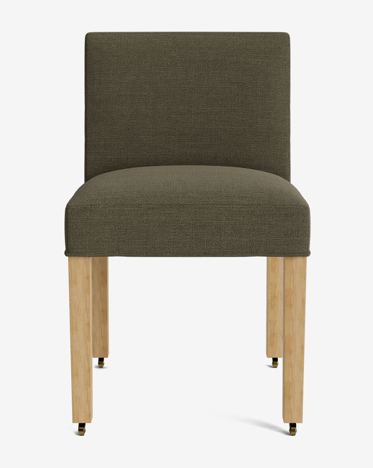 The Olivier Upholstered Dining Chair features an olive green, high-quality fabric seat and backrest with light wooden legs and small brass casters, all showcased against a plain white background by McGee & Co.