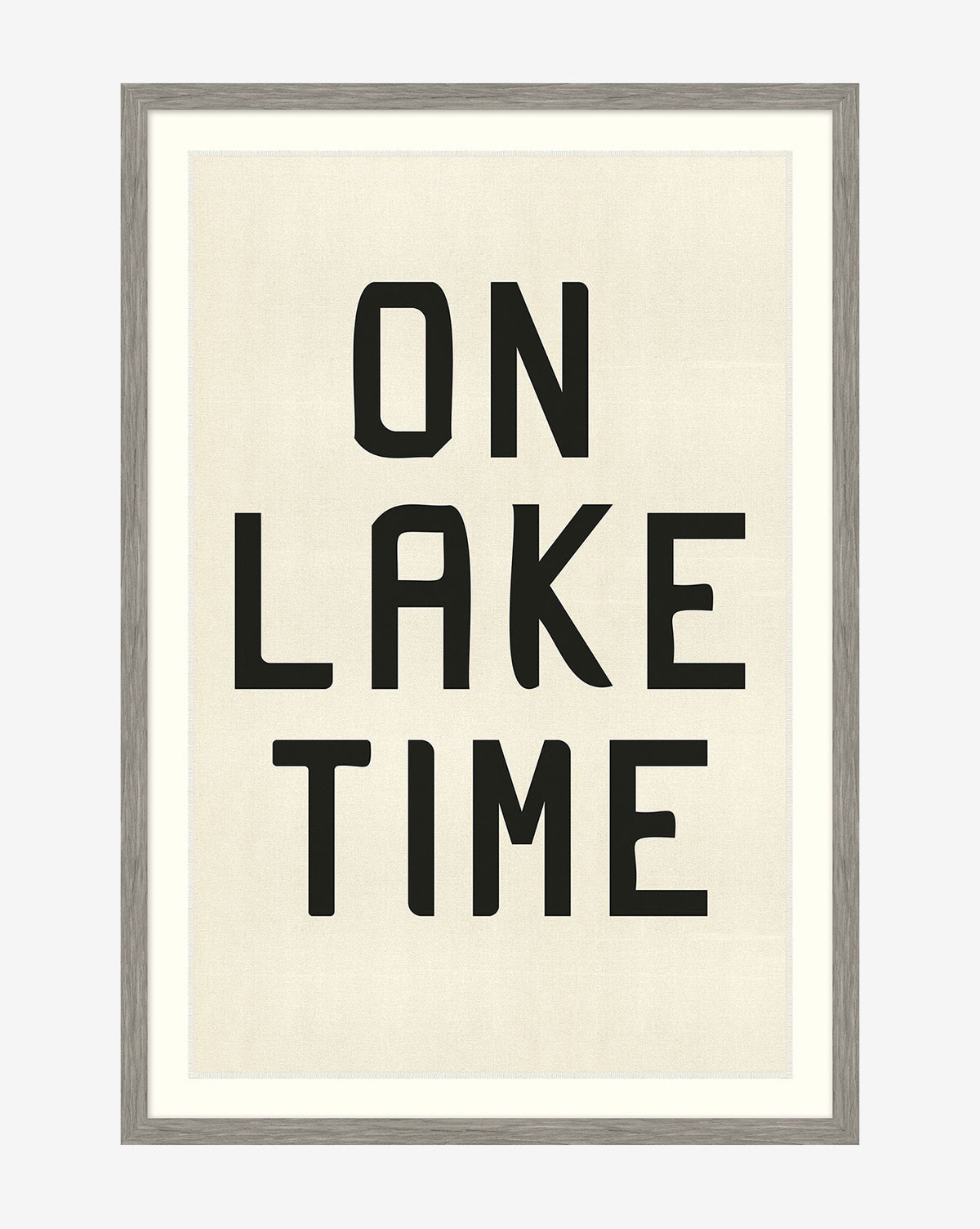 The On Lake Time framed shadowbox decor showcases bold, black uppercase letters on a light background—a modern spin on the vintage camp flag.