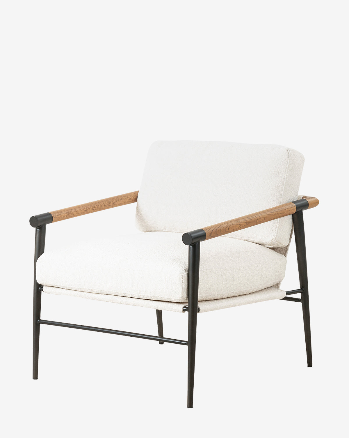 The Ona Lounge Chair features a cushioned white seat and backrest, wooden armrests, and a black metal frame for an industrial vibe. Perfect for contemporary spaces, its shown against a plain white background by McGee & Co.