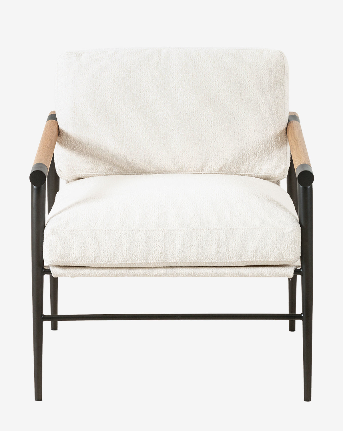 The Ona Lounge Chair features a black metal frame, light wooden armrests, and off-white cushioned seat and backrest, shown from the front against a white background by McGee & Co.