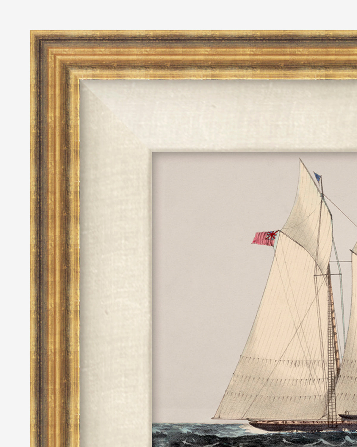 Close-up of Open Sea—a framed vintage artwork featuring a sailboat with tall masts, sails, and an American flag on the ocean. Set in a gold frame with a light inner border, its ideal for antique-inspired wall art collections.