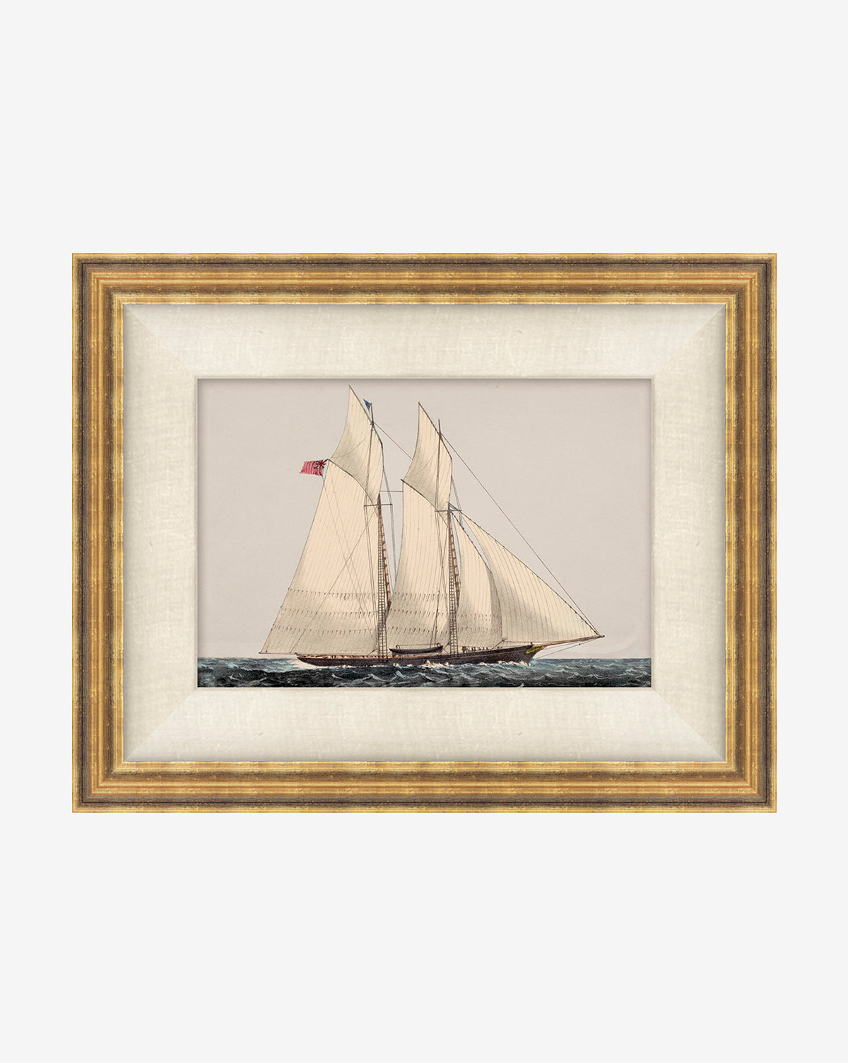 Open Sea: Vintage-inspired wall art featuring a sailboat with cream sails on the ocean, set against a light background. Displayed in a gold frame with an inner cream mat for classic elegance.