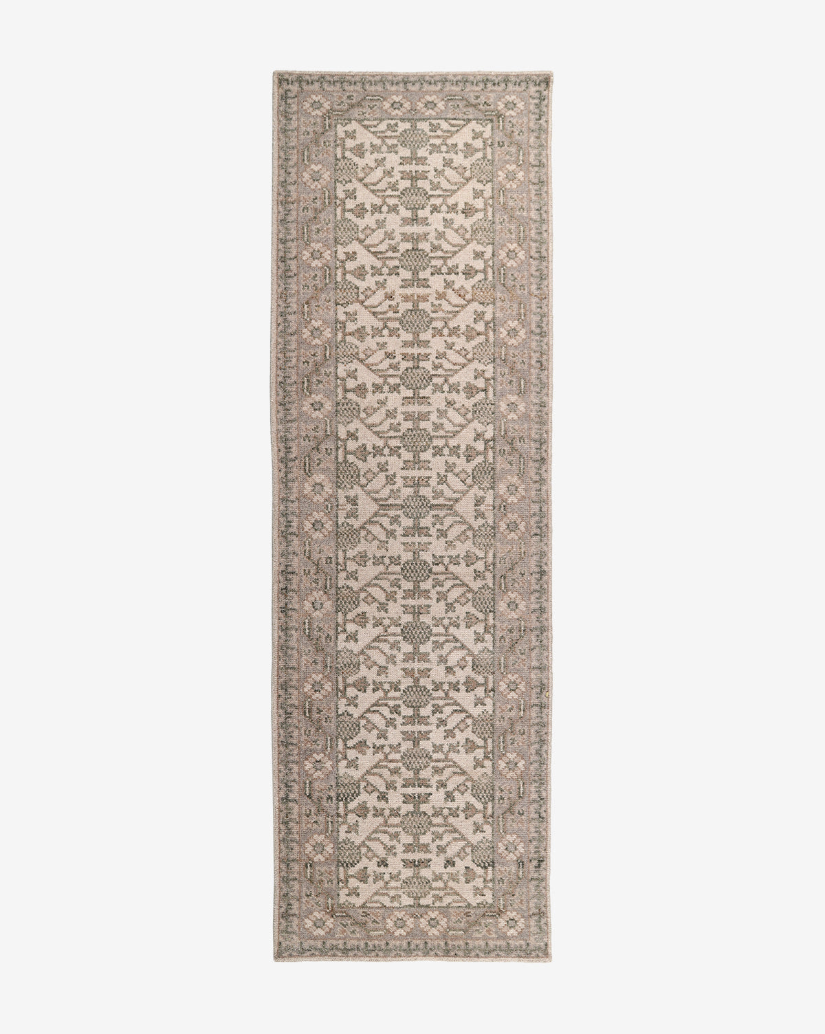 The Orsino Hand-Knotted Rug is a rectangular runner in beige and gray with an antique-style floral and geometric pattern, detailed border, and intricate symmetrical design, shown on a white background by McGee & Co.