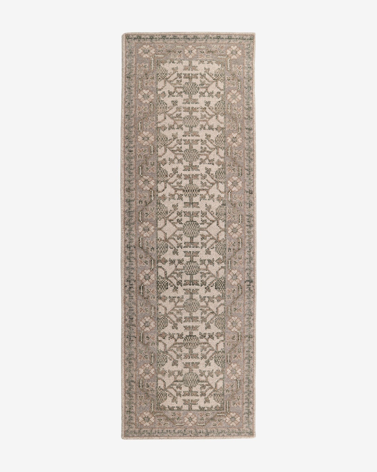 The Orsino Hand-Knotted Rug features an intricate, symmetrical geometric and floral motif in muted beige, gray, and taupe tones. A decorative border frames this elegant antique-style rug, shown on a white background, by McGee & Co.
