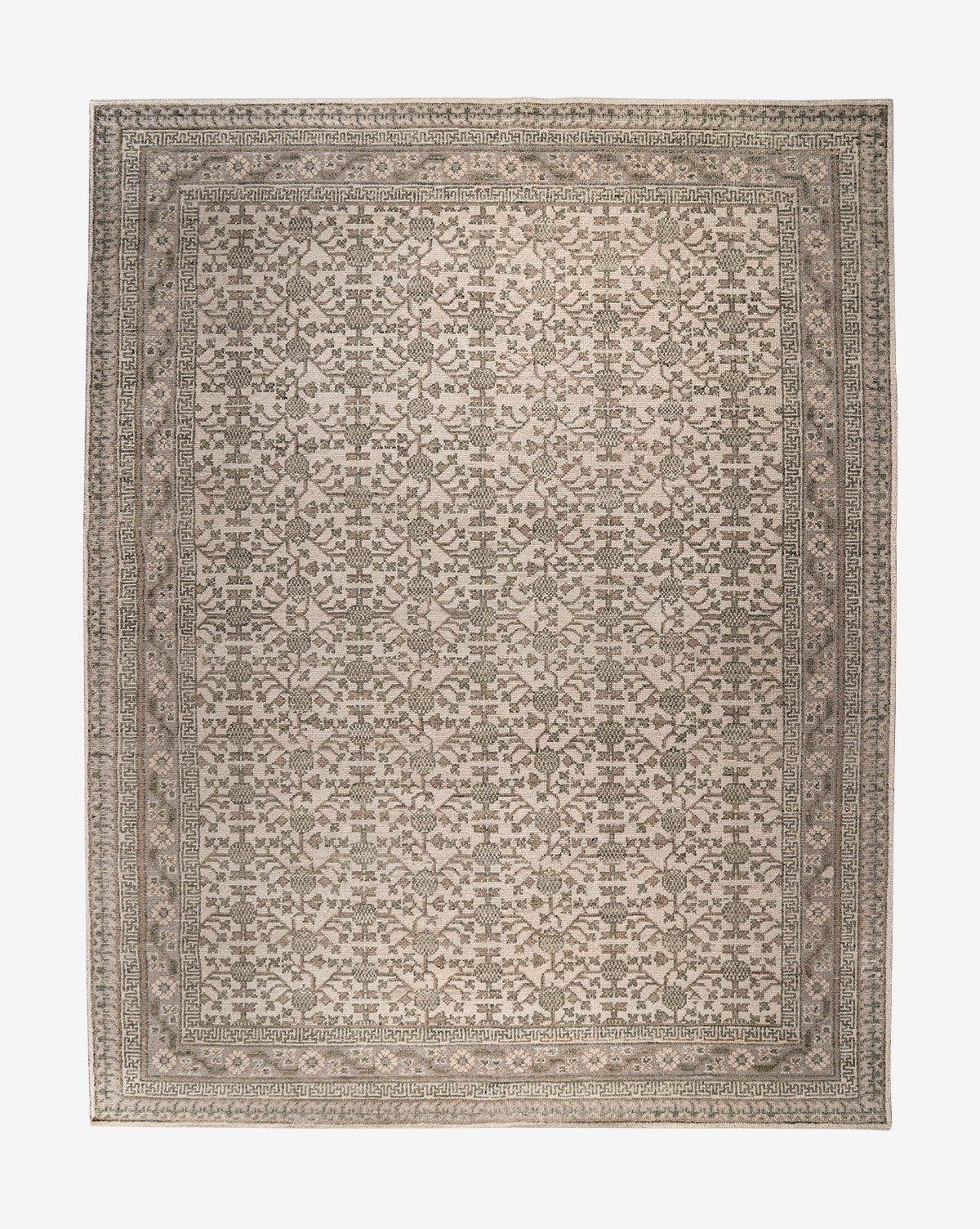The Orsino Hand-Knotted Rug is a rectangular beige and gray wool piece with an ornate floral and geometric pattern, featuring a detailed border around a repeating central design in a traditional style, by McGee & Co.